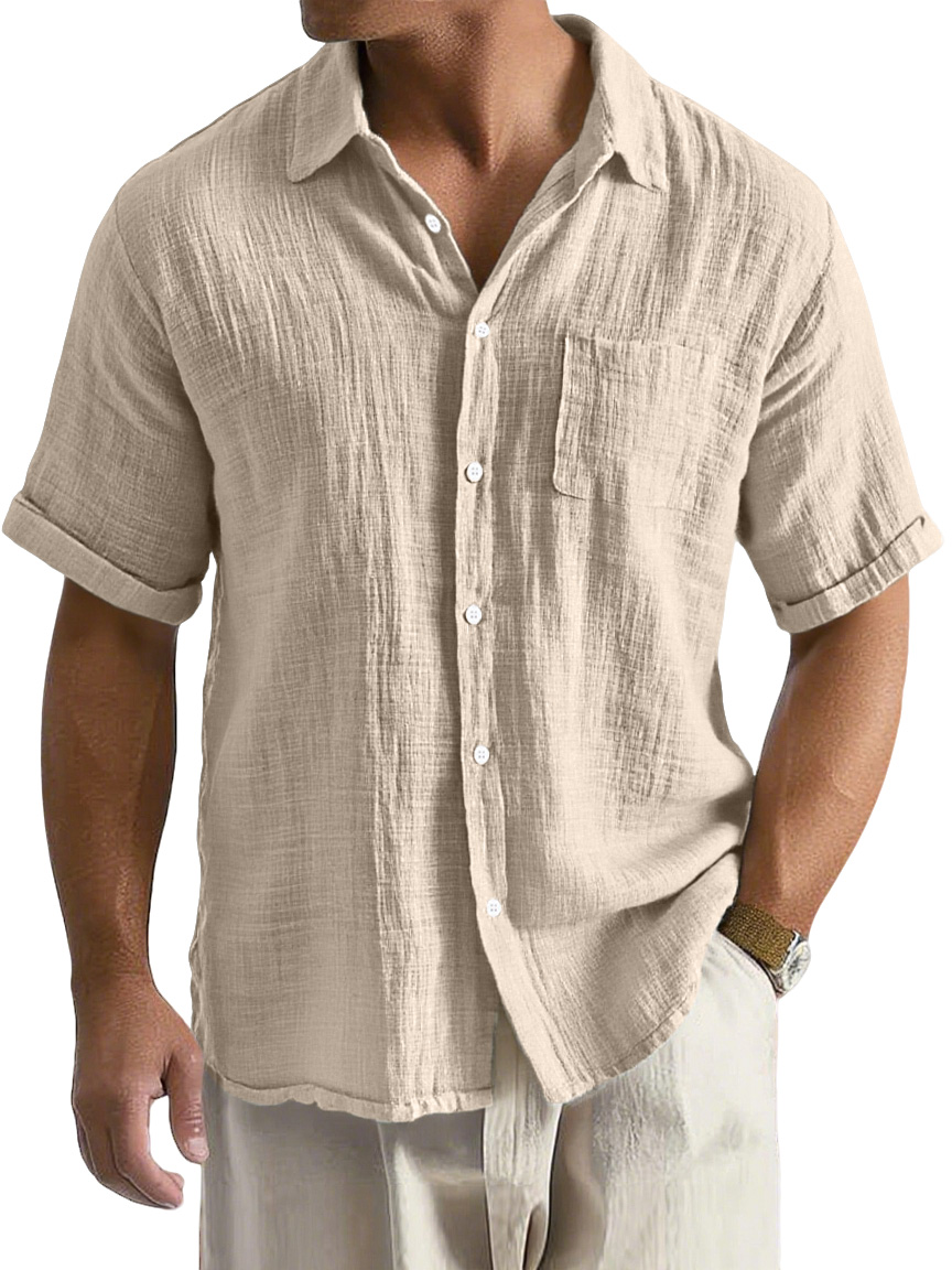 Men's Daily Casual Loose And Comfortable Imitation Linen Lapel Short-sleeved Button-down Shirt