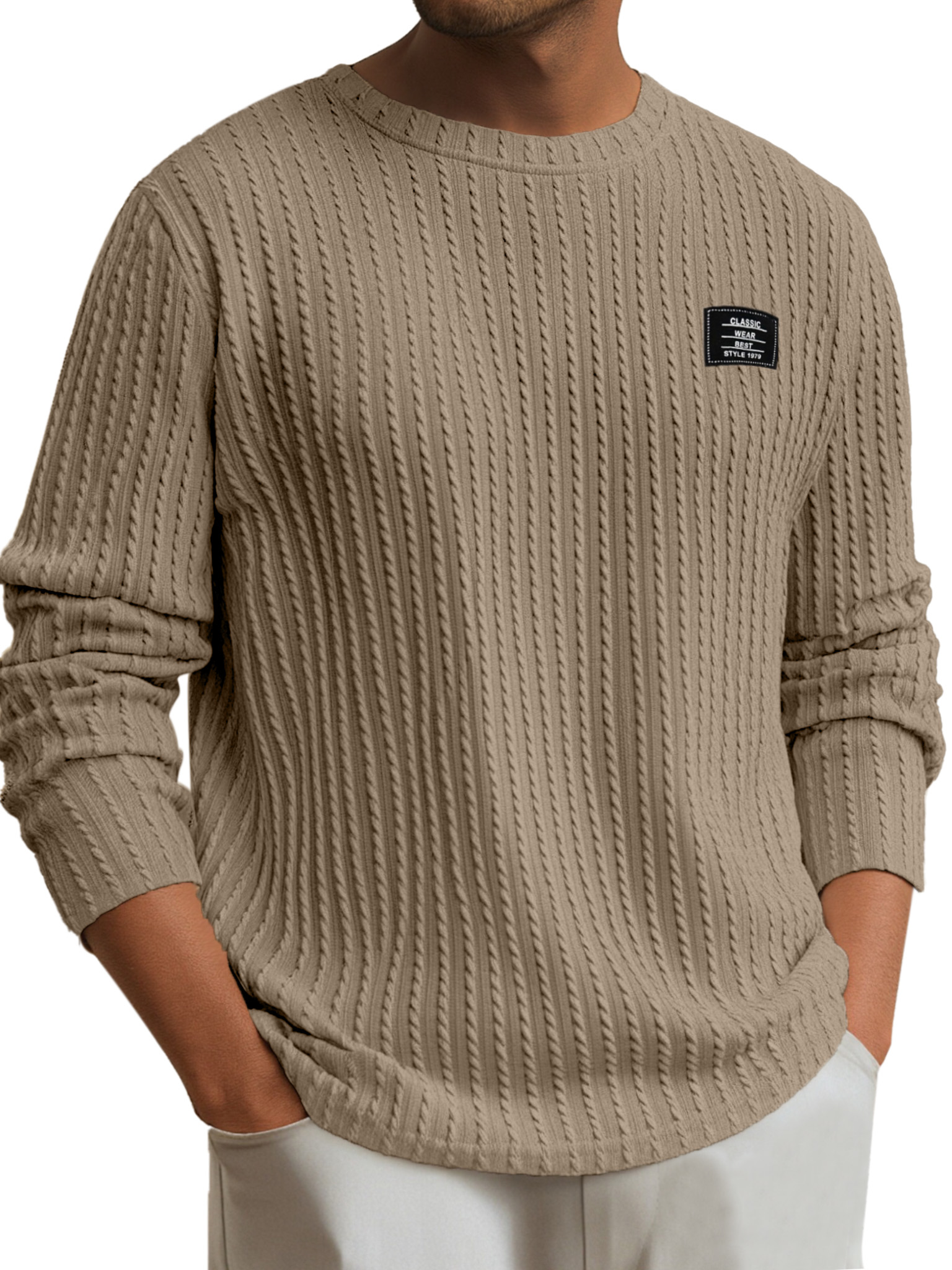 Men's Simple Daily Solid Color Logo Round Neck Long-sleeved T-shirt