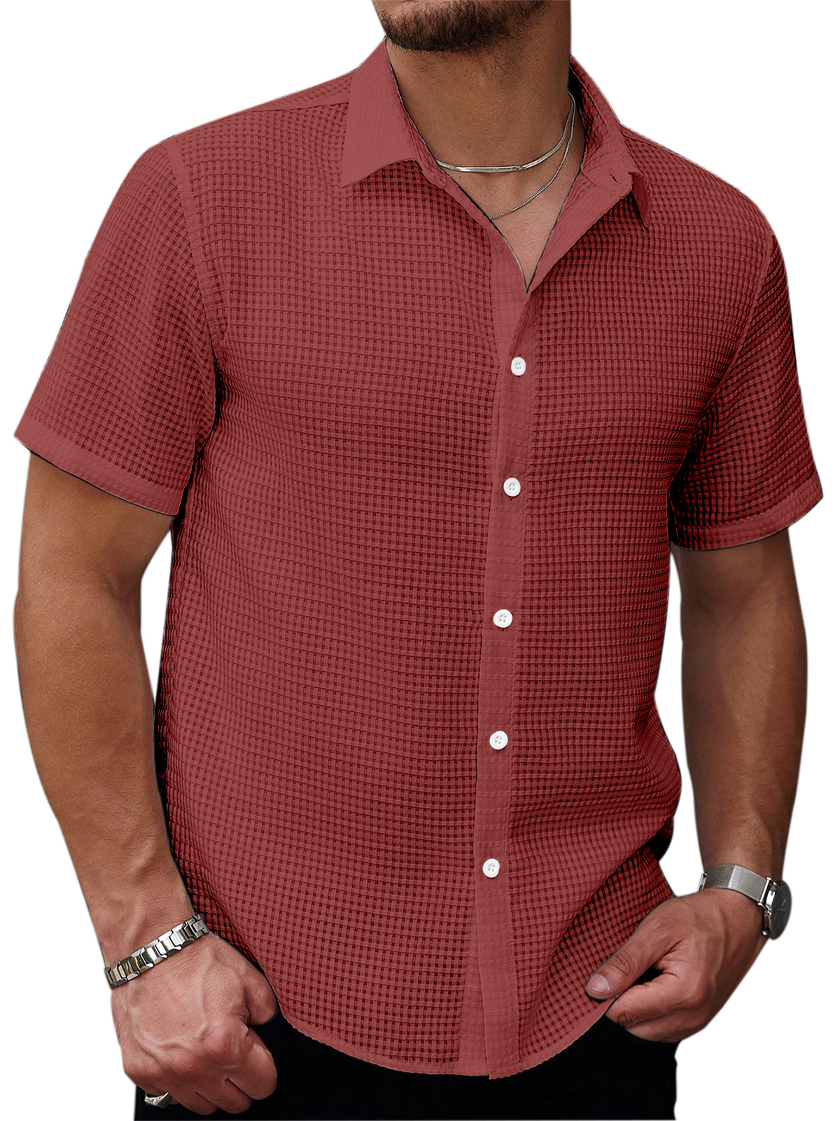 Men's Casual Summer Solid Color Waffle Texture Short-sleeved Button-down Shirt