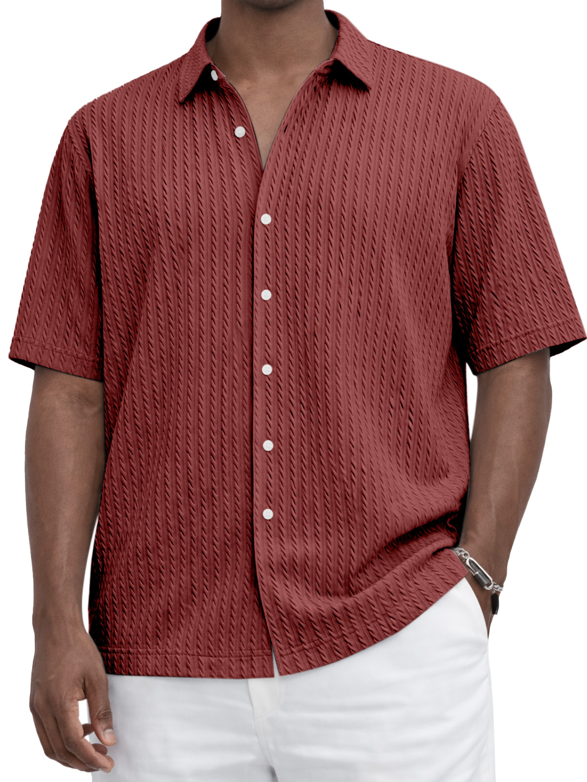 Everyday Casual Solid Color Textured Short-Sleeve Shirt