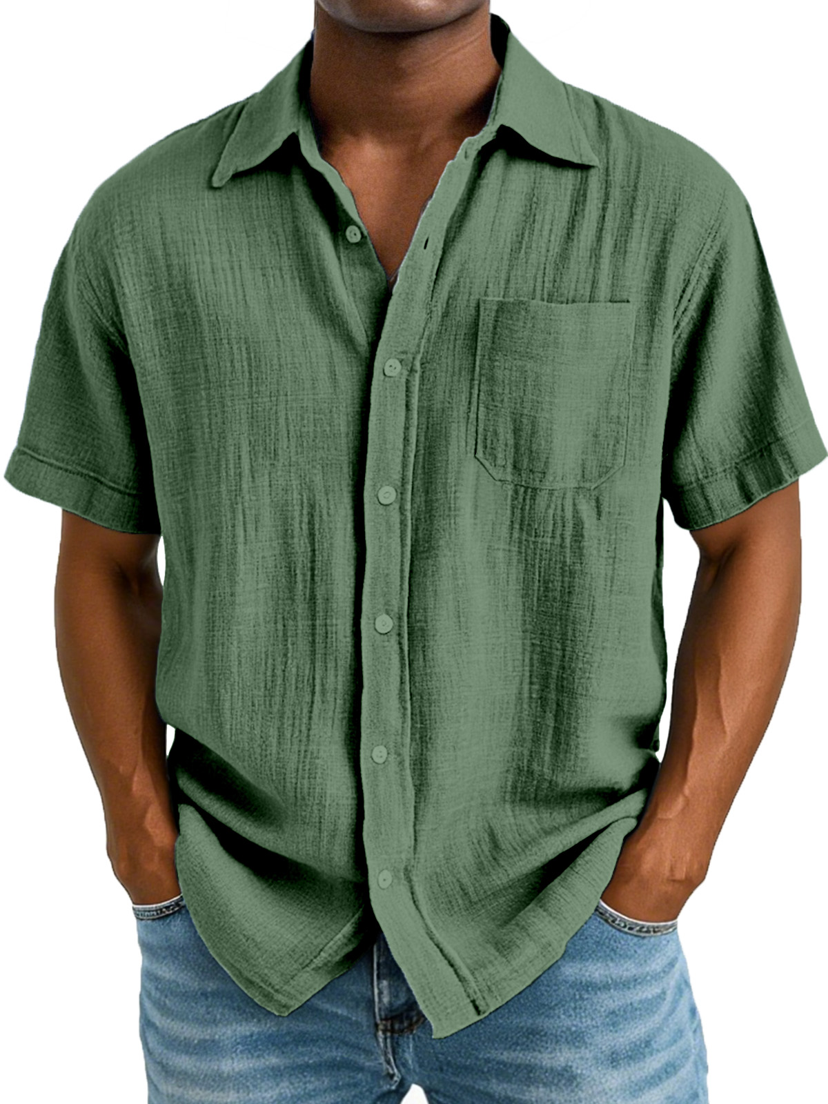 Men's Casual And Comfortable Solid Color Cotton And Linen Short-sleeved Lapel Shirt