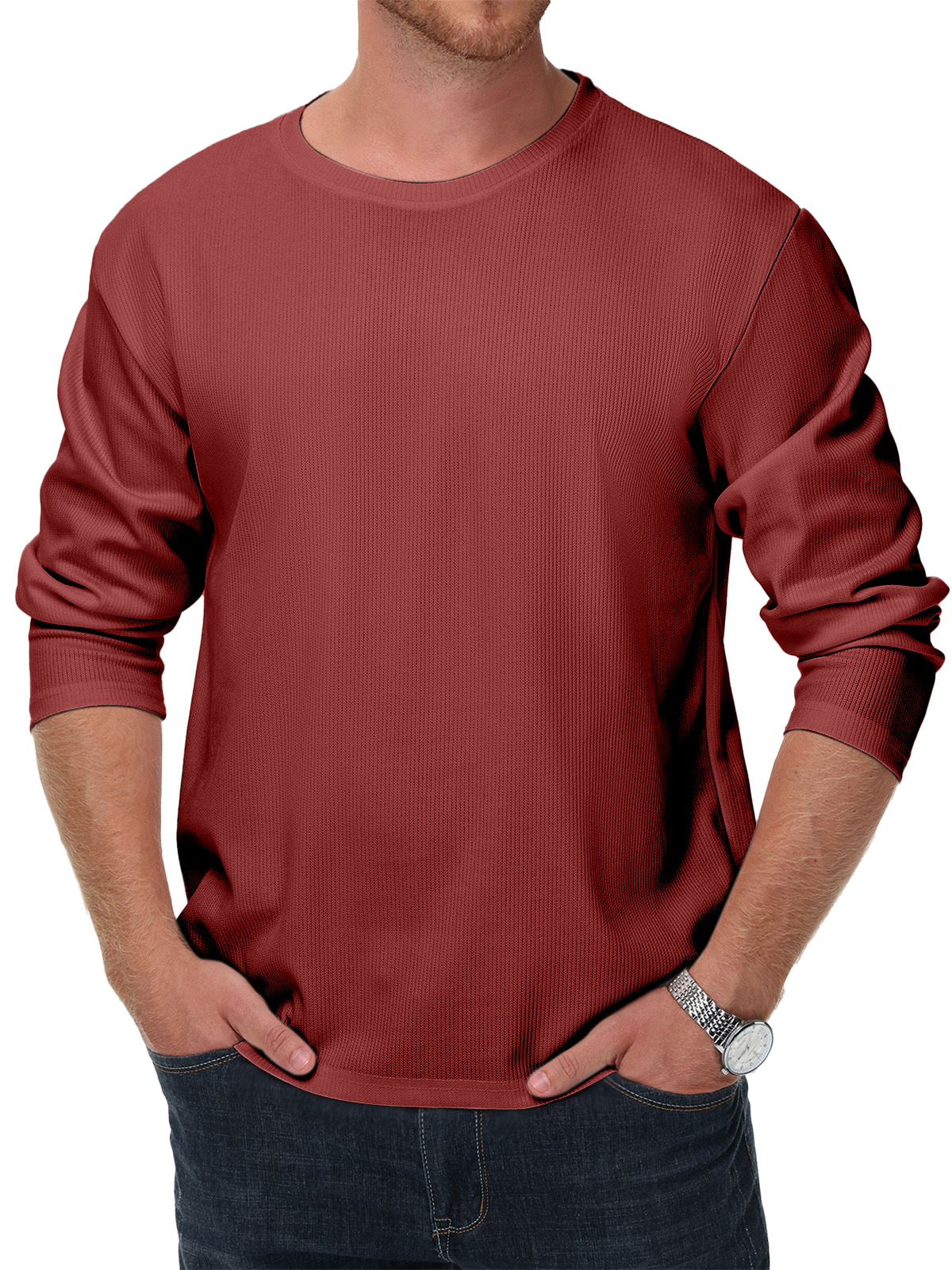 Men's Simple Solid Color Daily Texture Long-sleeved Round Neck T-shirt