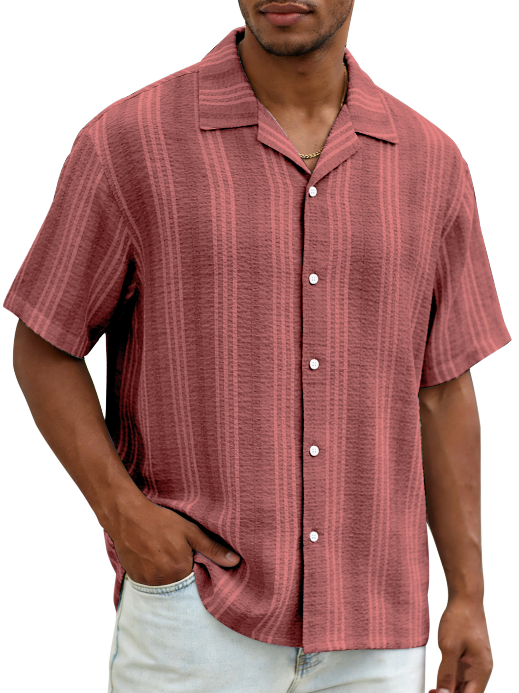 Daily casual resort style vertical striped breathable loose short-sleeved shirt
