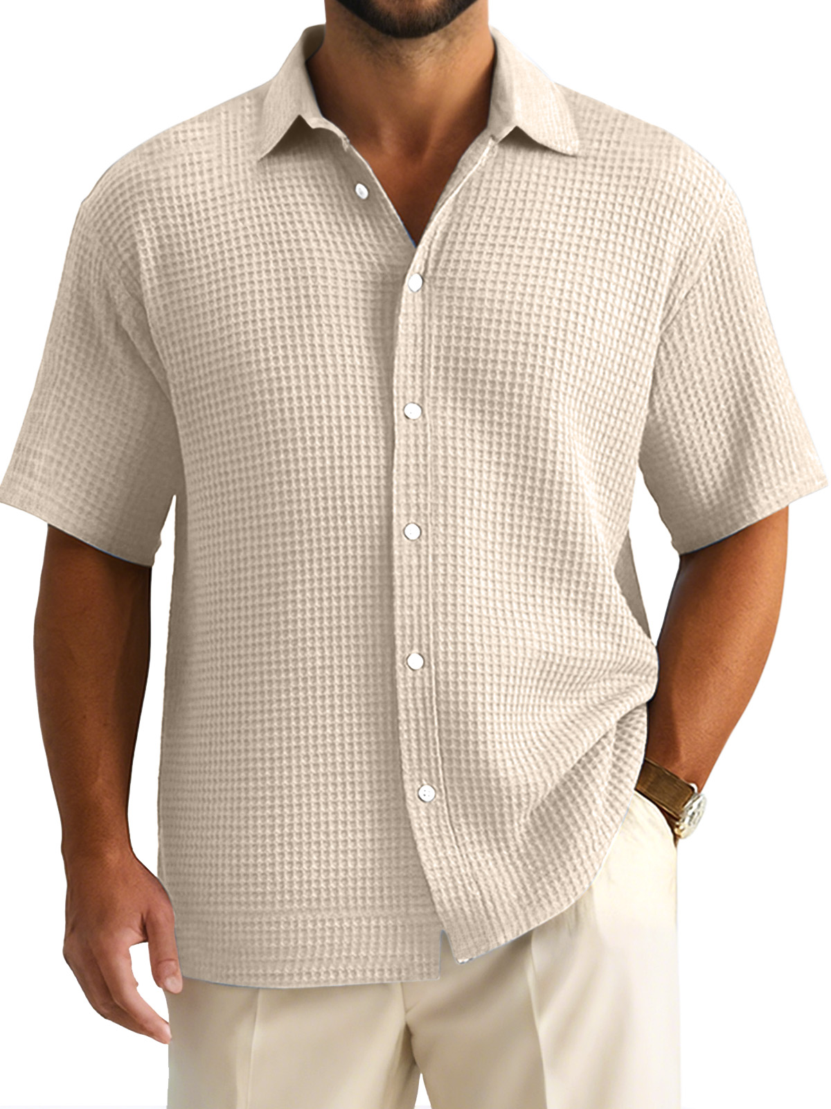 Men's Simple Casual Solid Color Waffle Short-sleeved Button-down Shirt