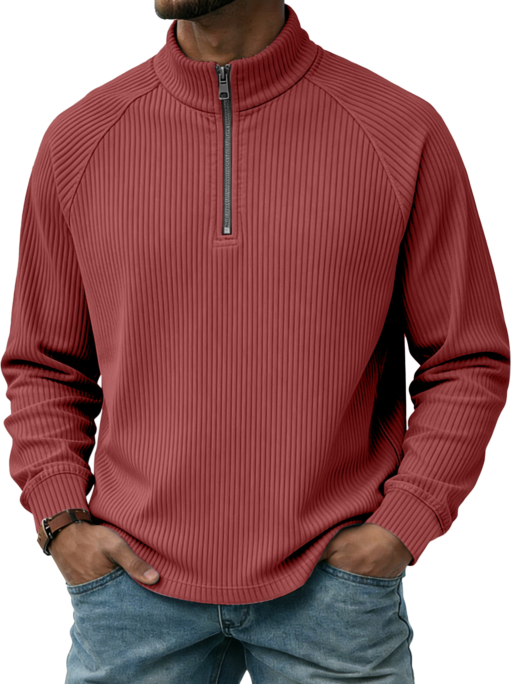 Men's Casual Simple Vertical Stripe Zip-up Stand-collar Raglan Sleeve Polo Shirt