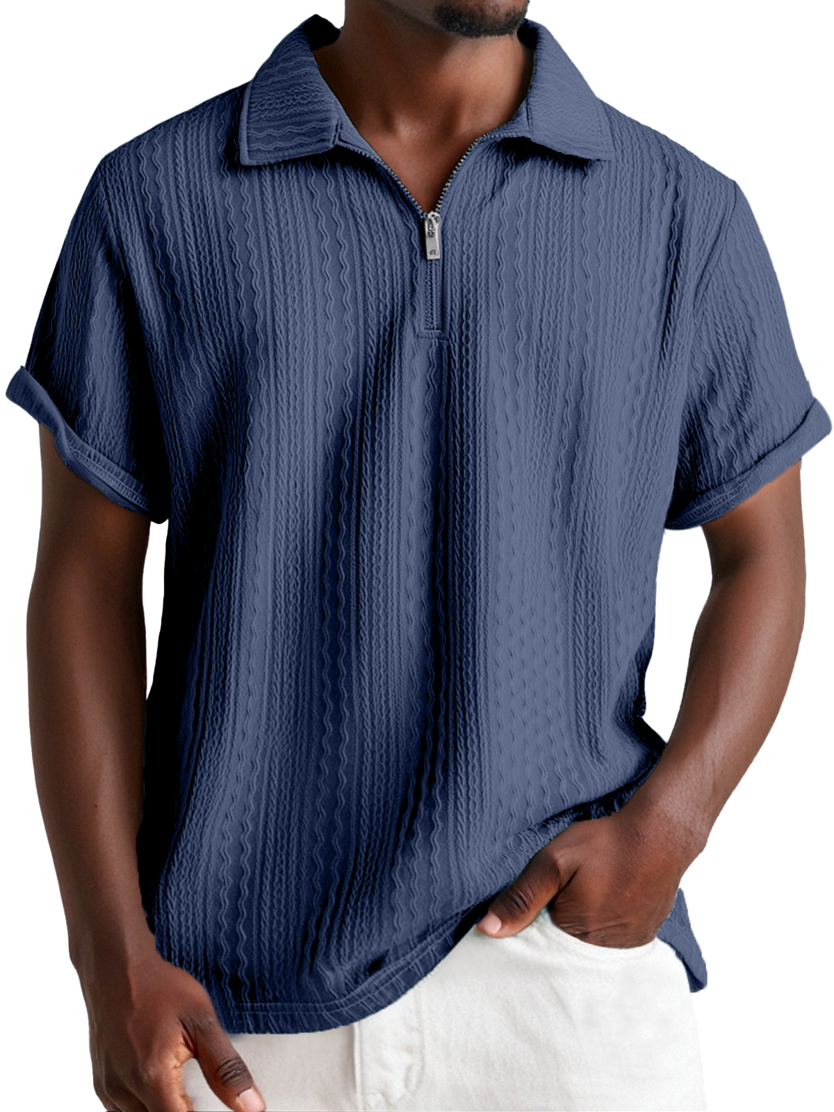 Men's Everyday Design Textured Short-sleeved Lapel Zipper Polo Shirt