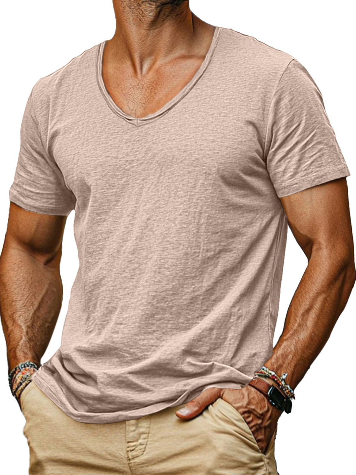Men's simple and comfortable solid color v-neck short-sleeved T-shirt