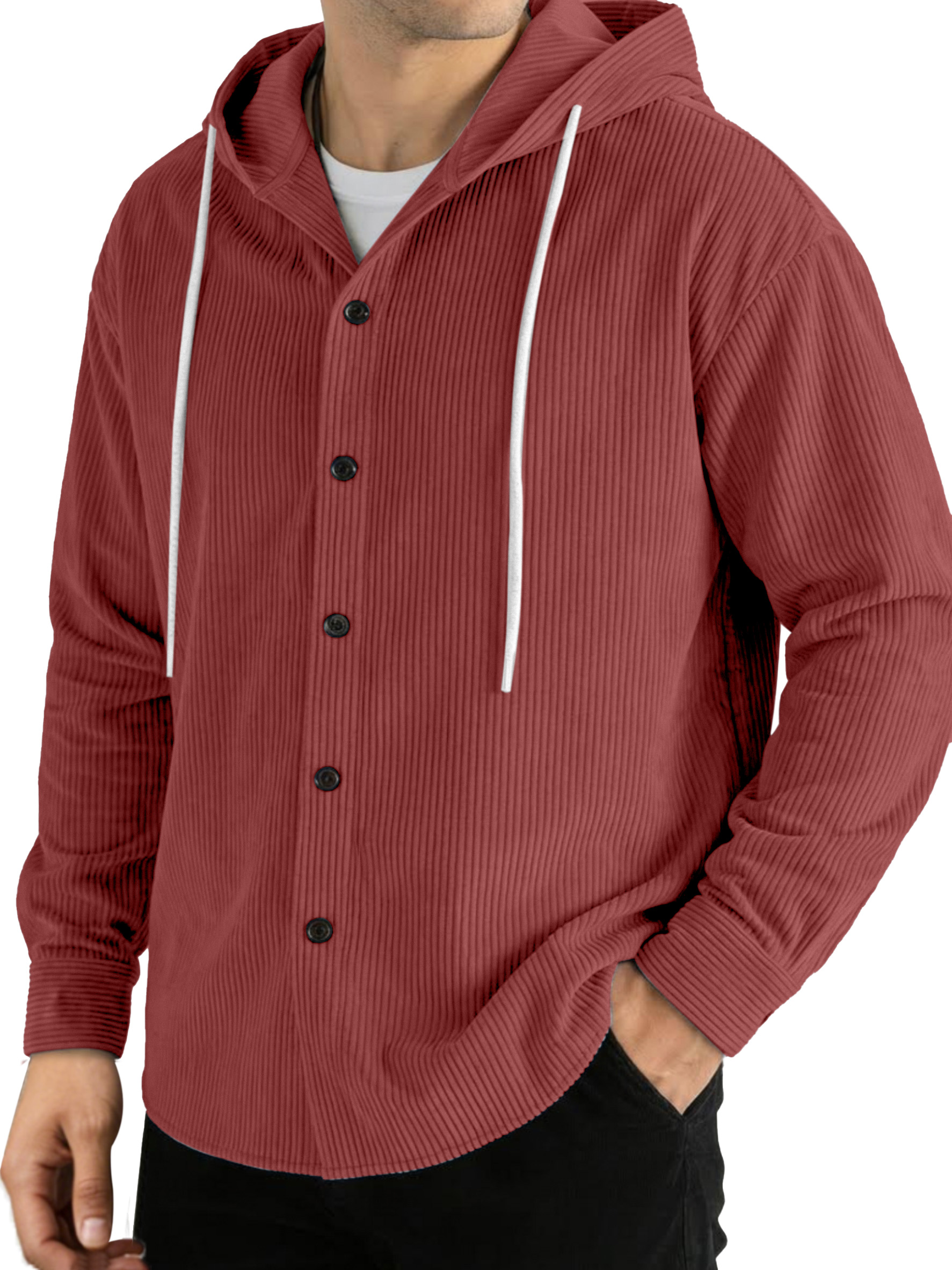 Casual Solid Color Vertical Ribbed Button-Up Hooded Long-Sleeve Shirt