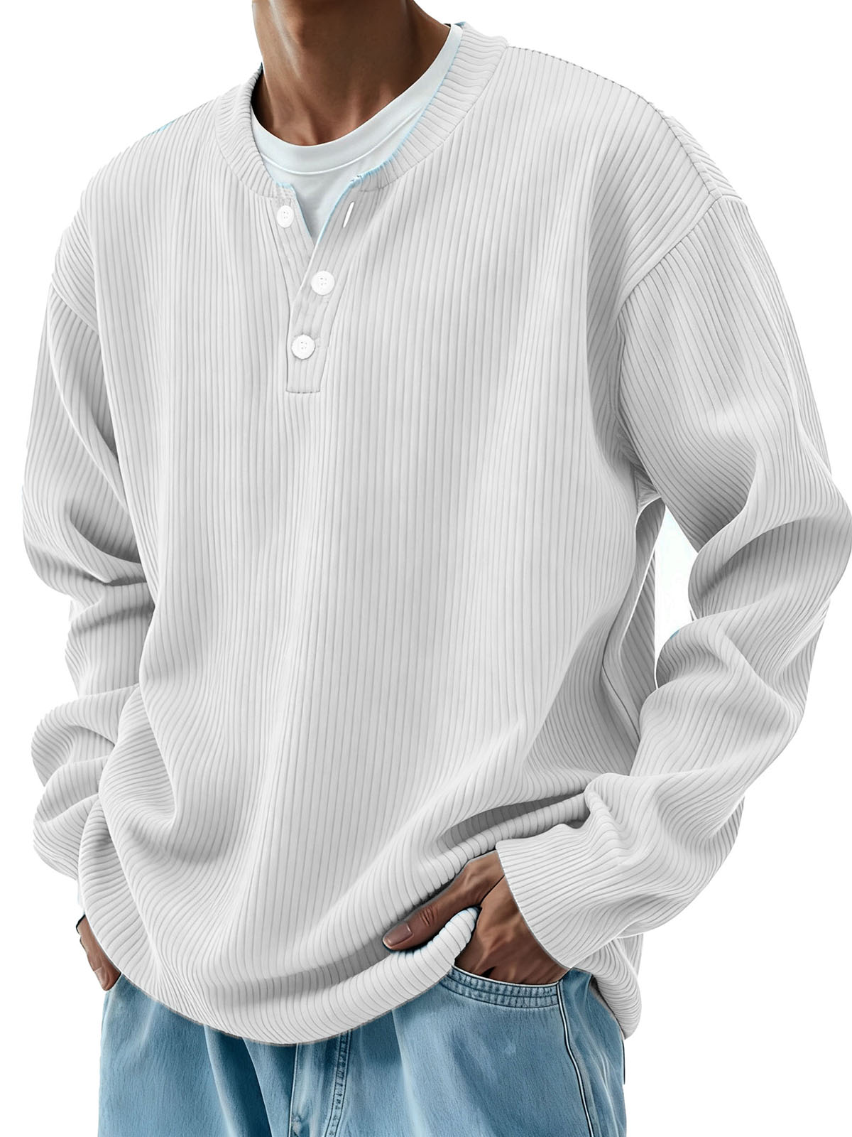 Men's Clothing Fashionable Casual Pit Strip Fabric Three-button Long-sleeved Henry Shirt