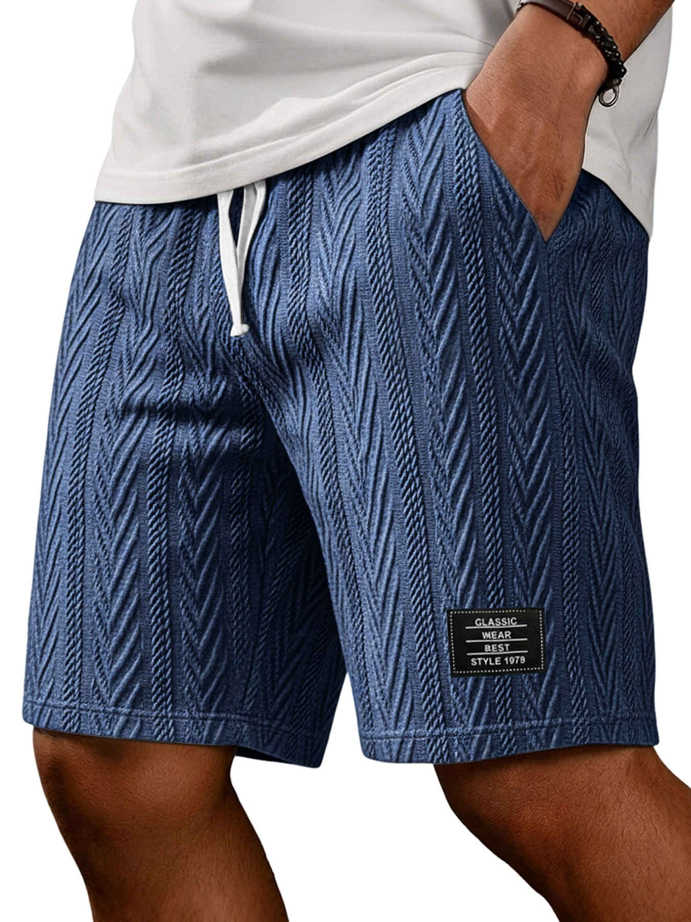 Men's Fashion Textured Embroidered Logo Casual Loose Shorts