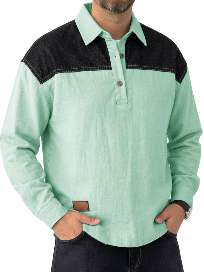 Men's Fashionable Casual Patchwork Collared Loose Long-Sleeve Polo Shirt