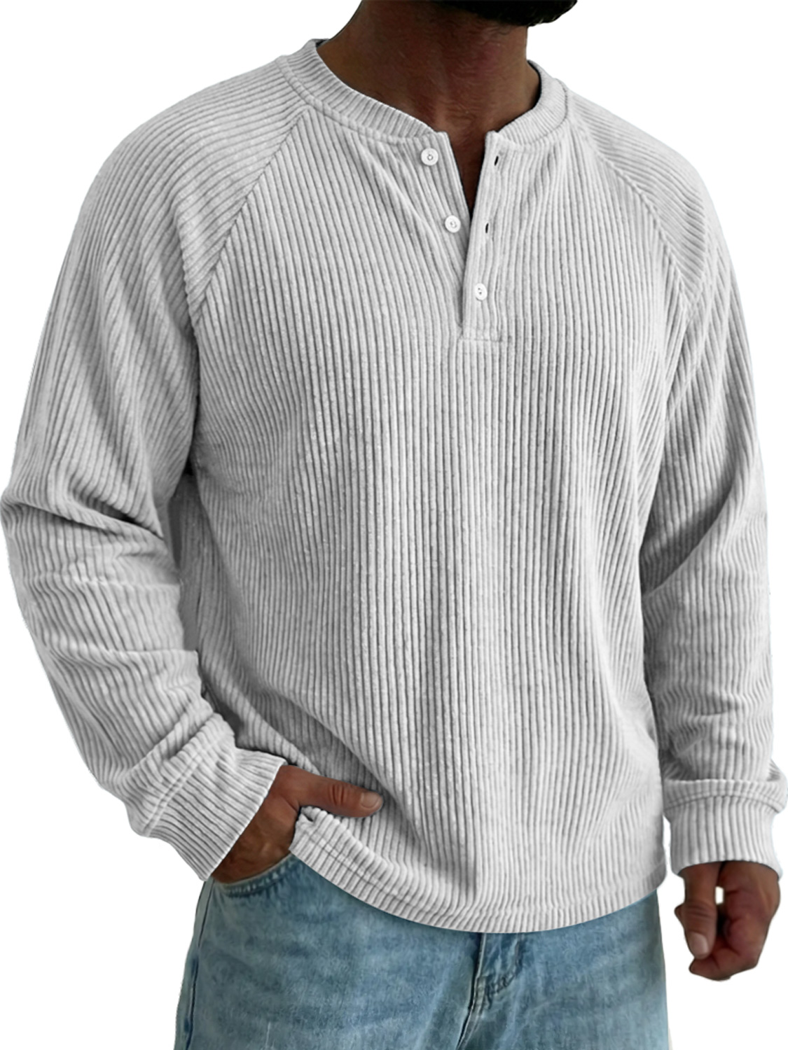 Men's Raglan Sleeve Corduroy Casual Solid Color Long-sleeved Henley Shirt