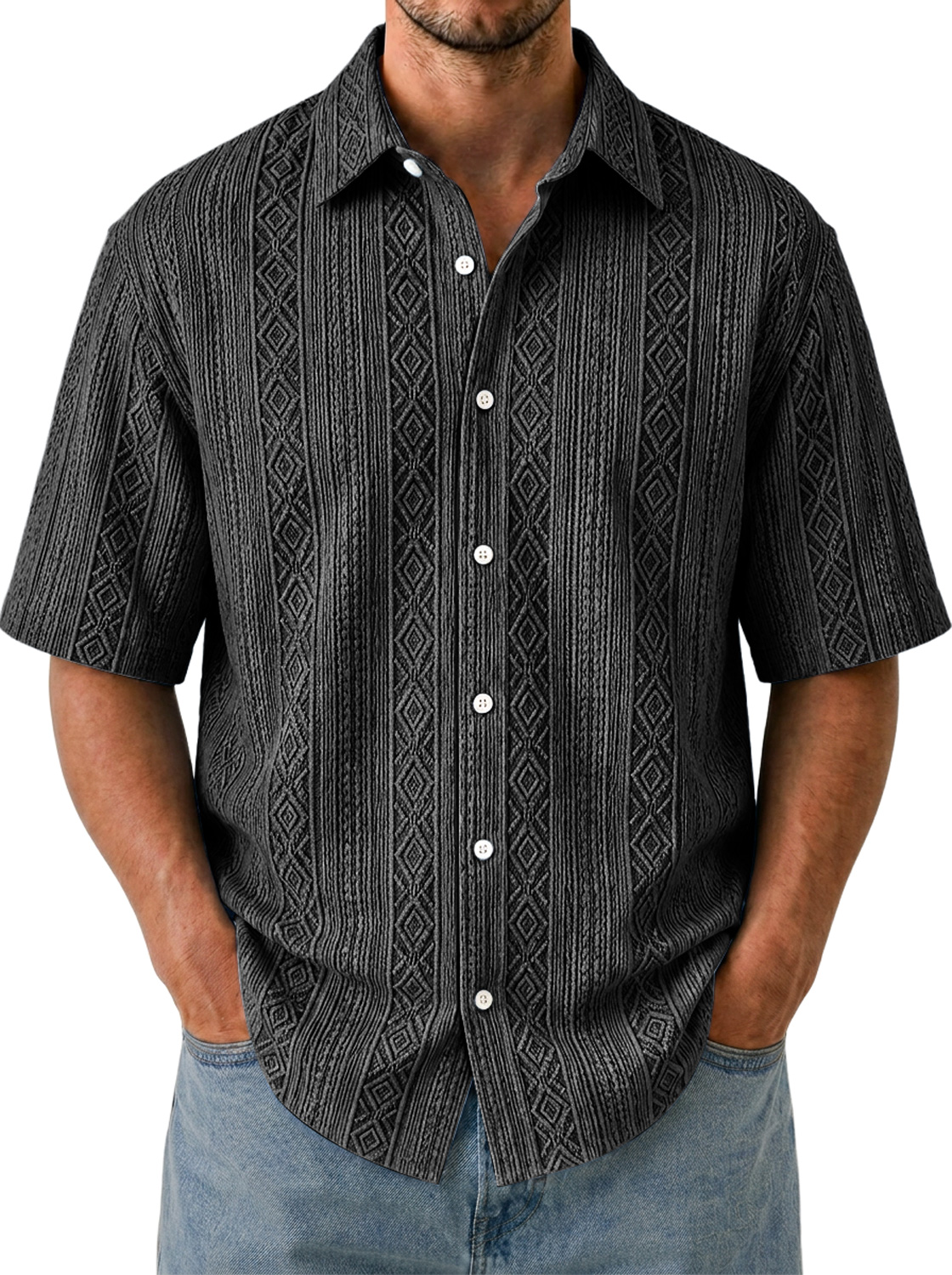 Men's Solid-Color Short-Sleeve Casual Shirt with Jacquard Texture