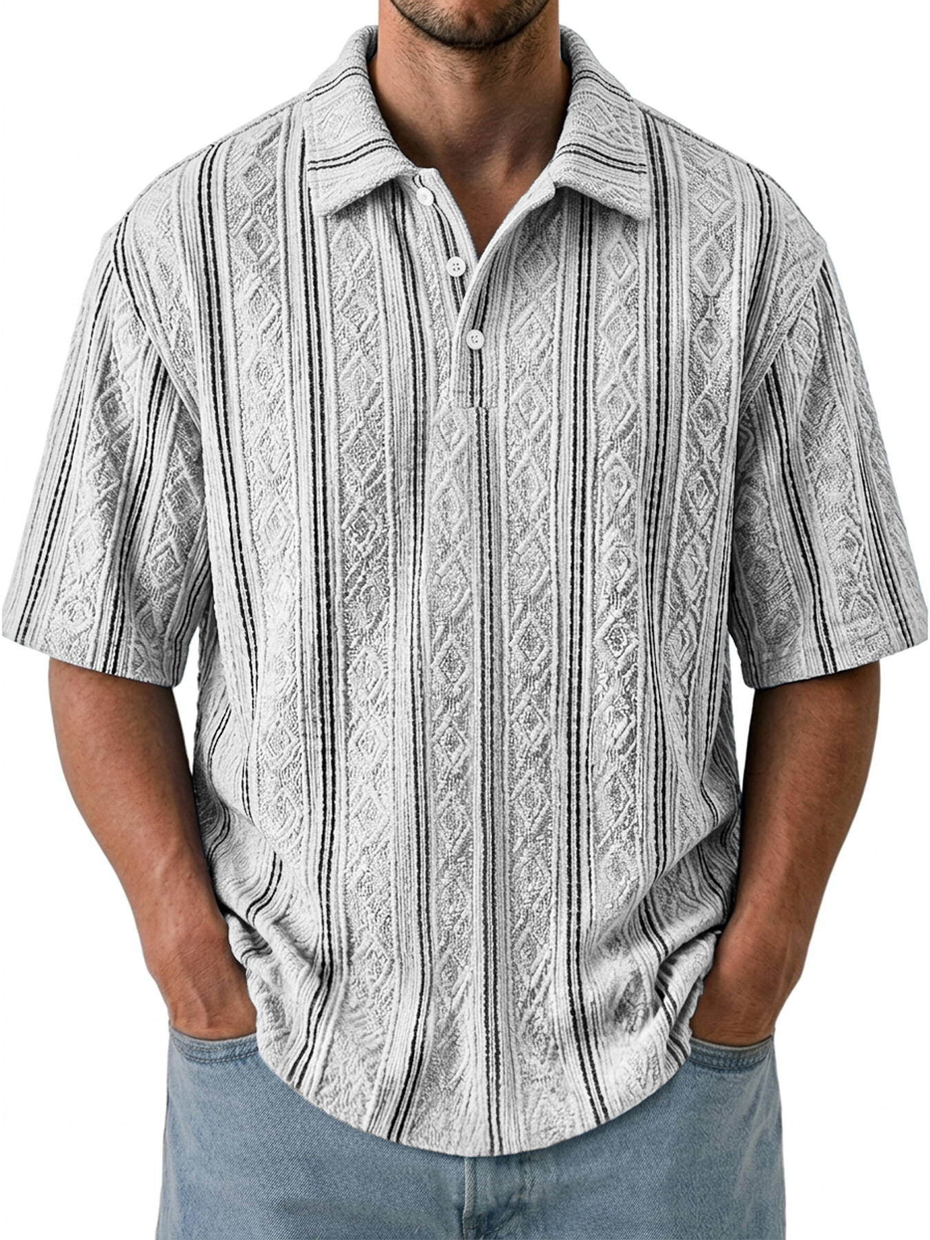 Men's Jacquard Textured Collar Button Casual Short-sleeved Polo Shirt