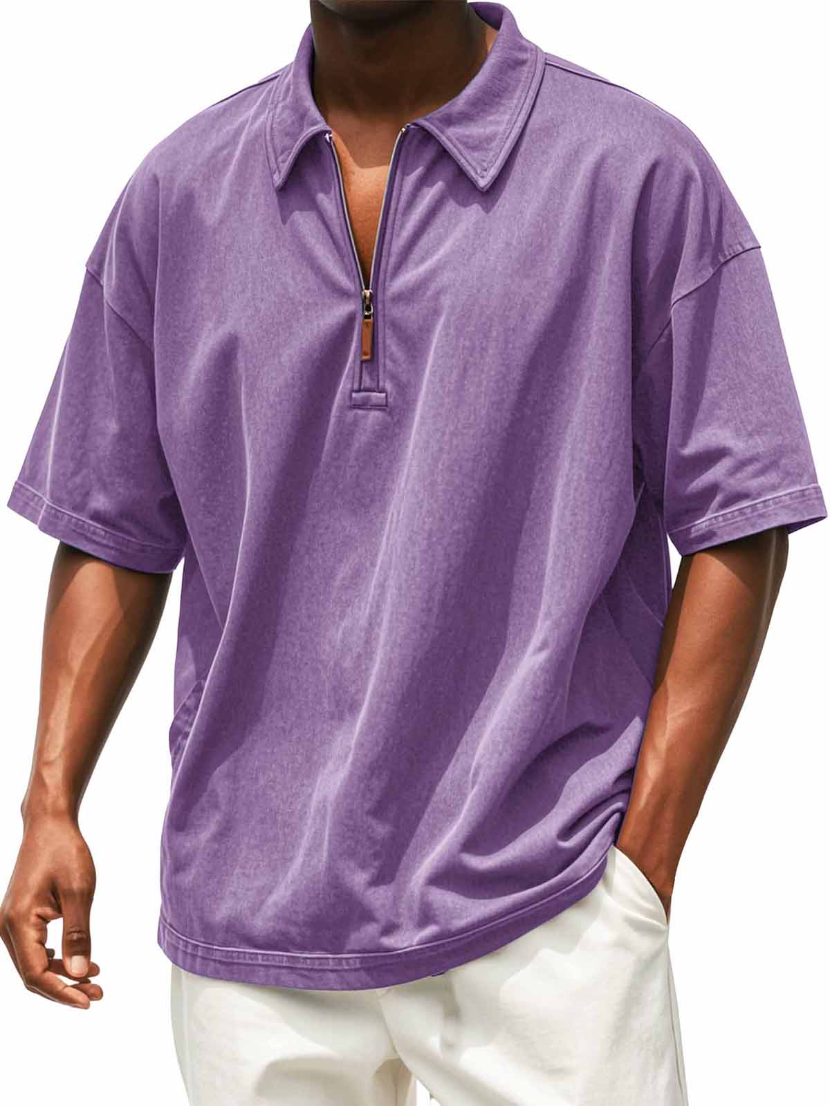Men's Retro Distressed Zip Short Sleeve Polo Shirt