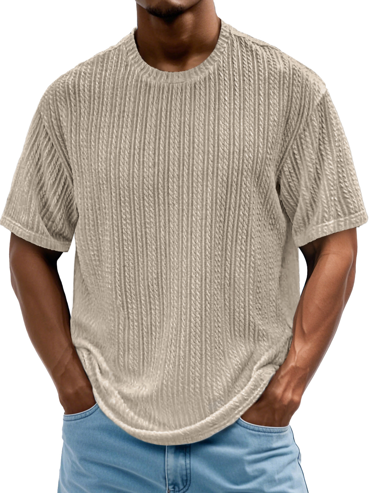 Men's Daily Round Neck Casual Texture Solid Color Comfortable Short-sleeved T-shirt