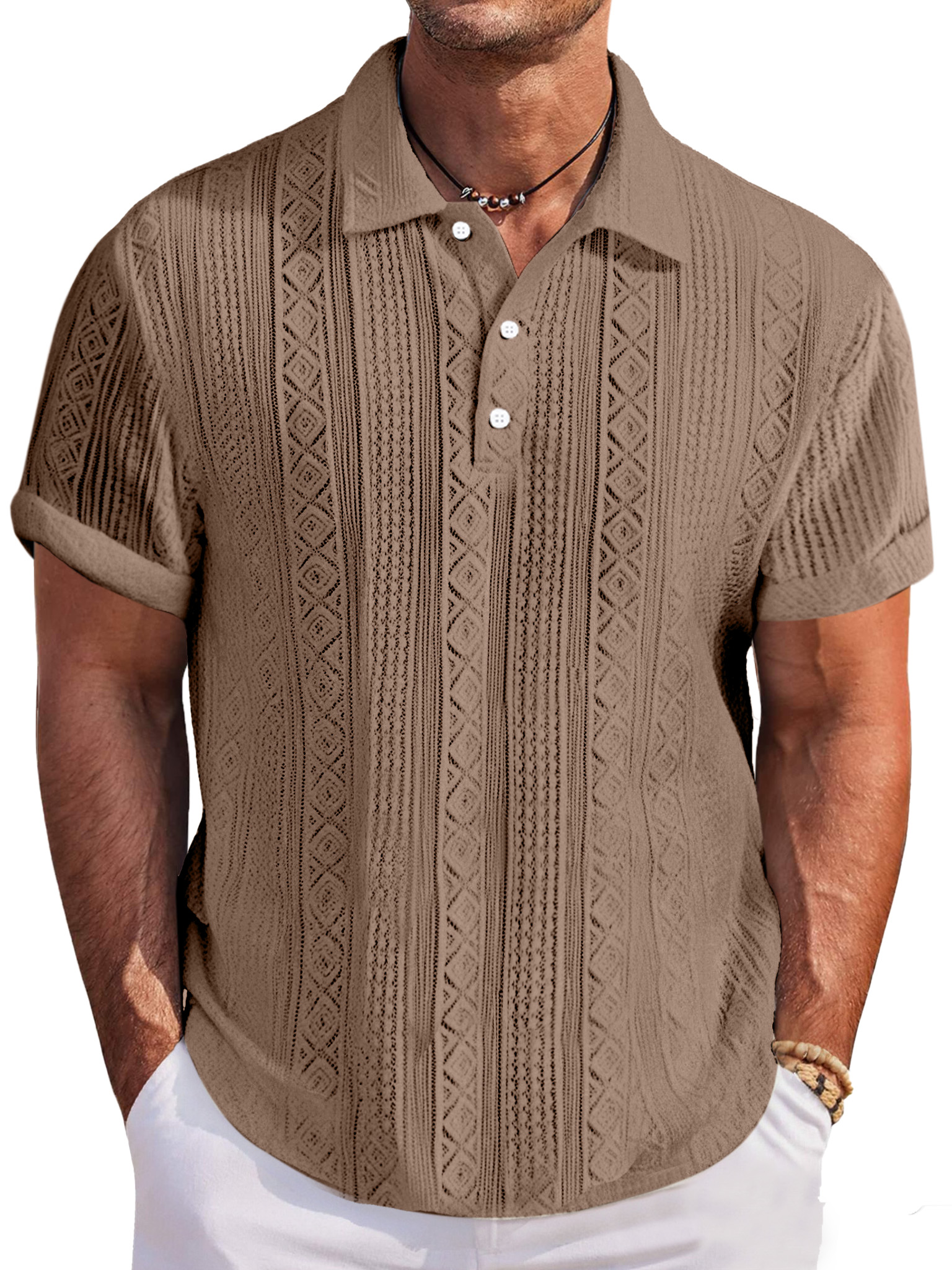 Men's Casual And Comfortable Solid Color Textured Short-sleeved Lapel Polo Shirt