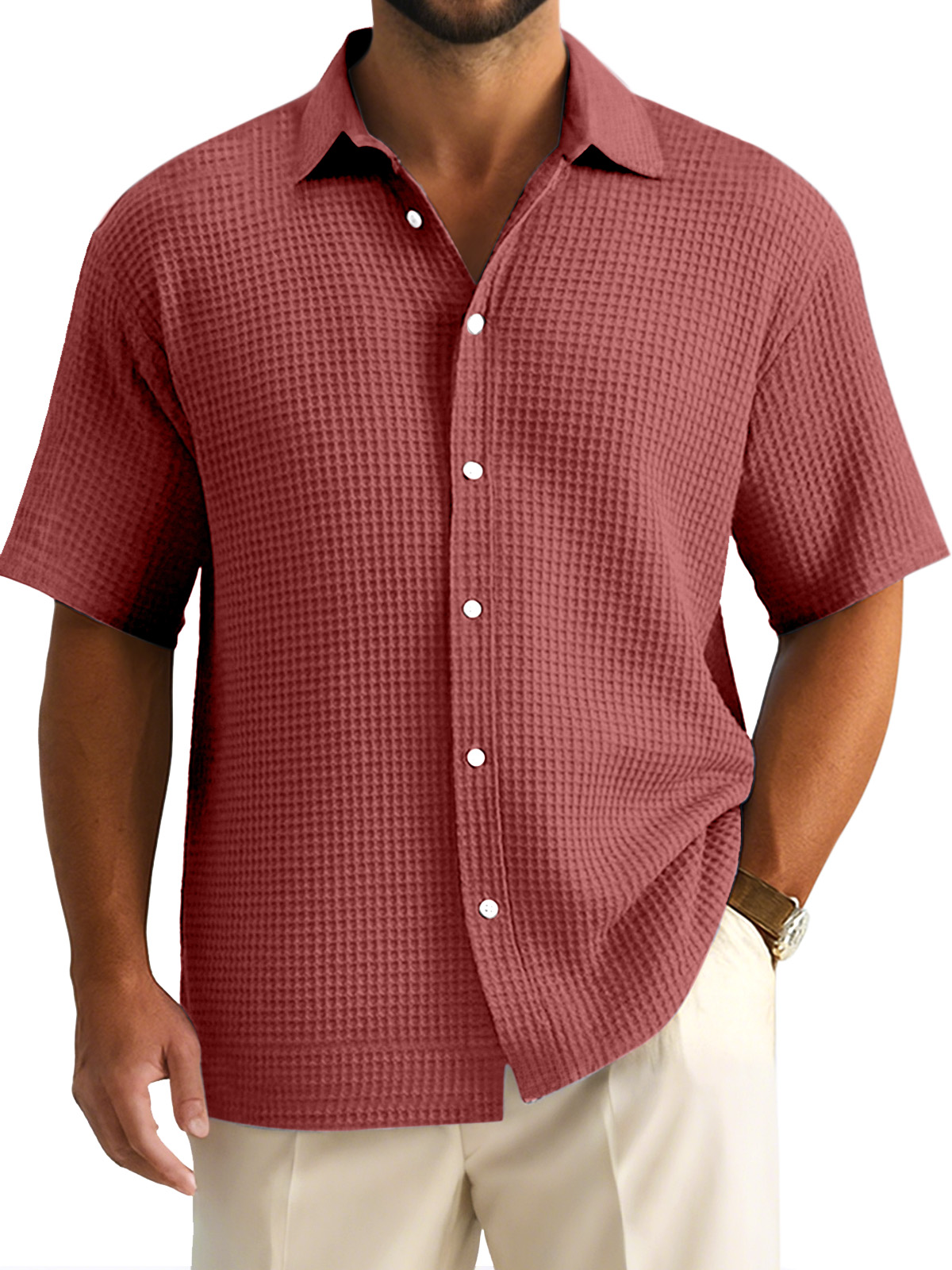 Men's Simple Casual Solid Color Waffle Short-sleeved Button-down Shirt