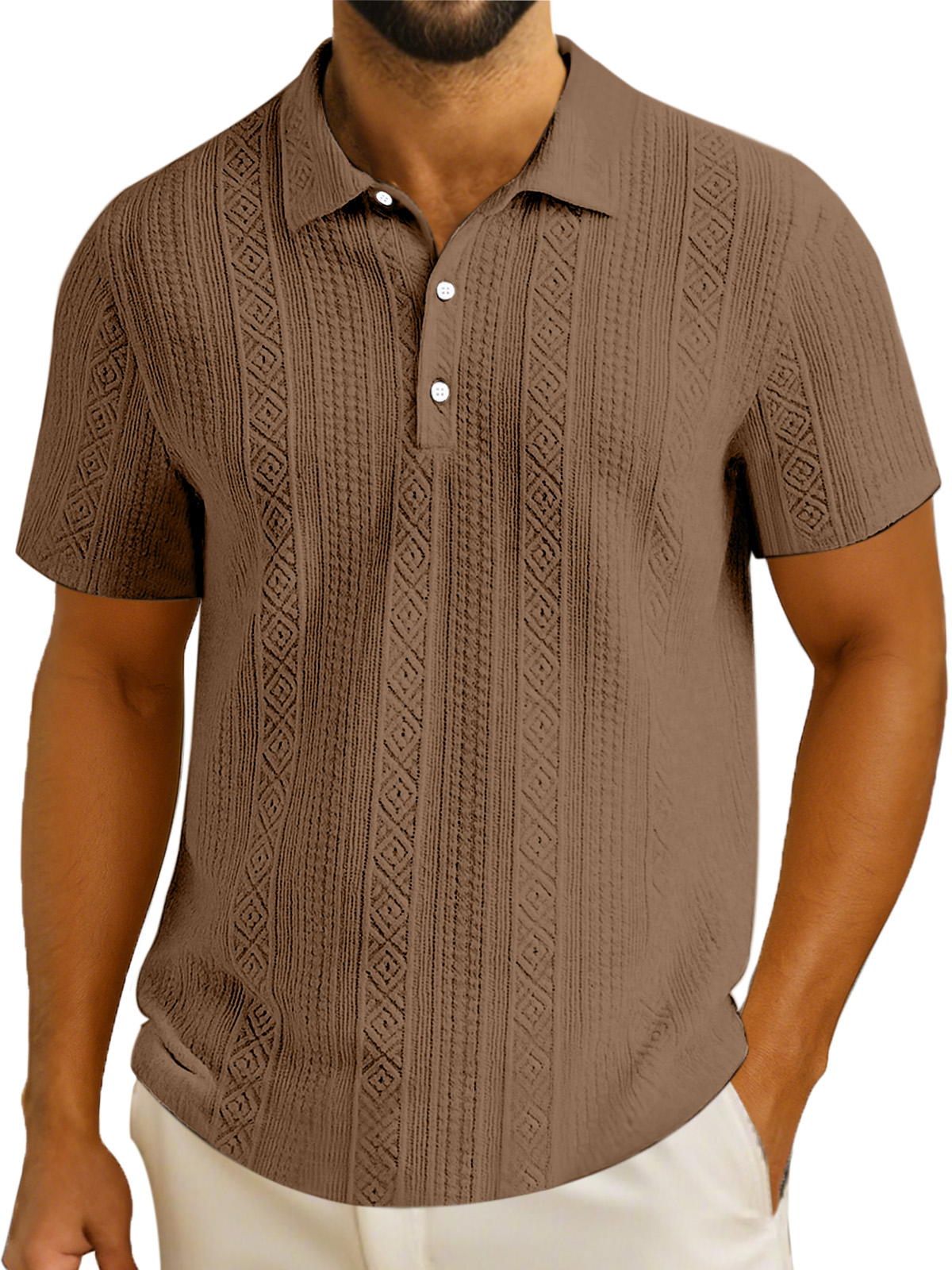 Men's Simple Solid Color Textured Lapel Button Short-sleeved Polo Shirt