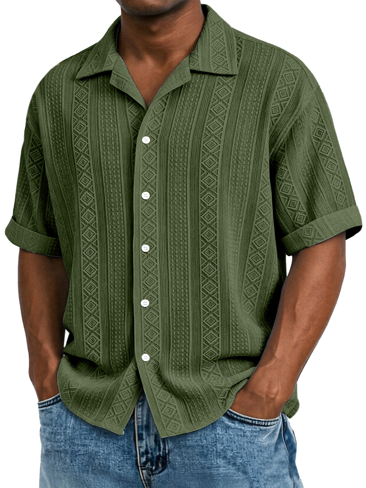 Men's Solid Color Casual Textured Lapel Short-Sleeve Shirt