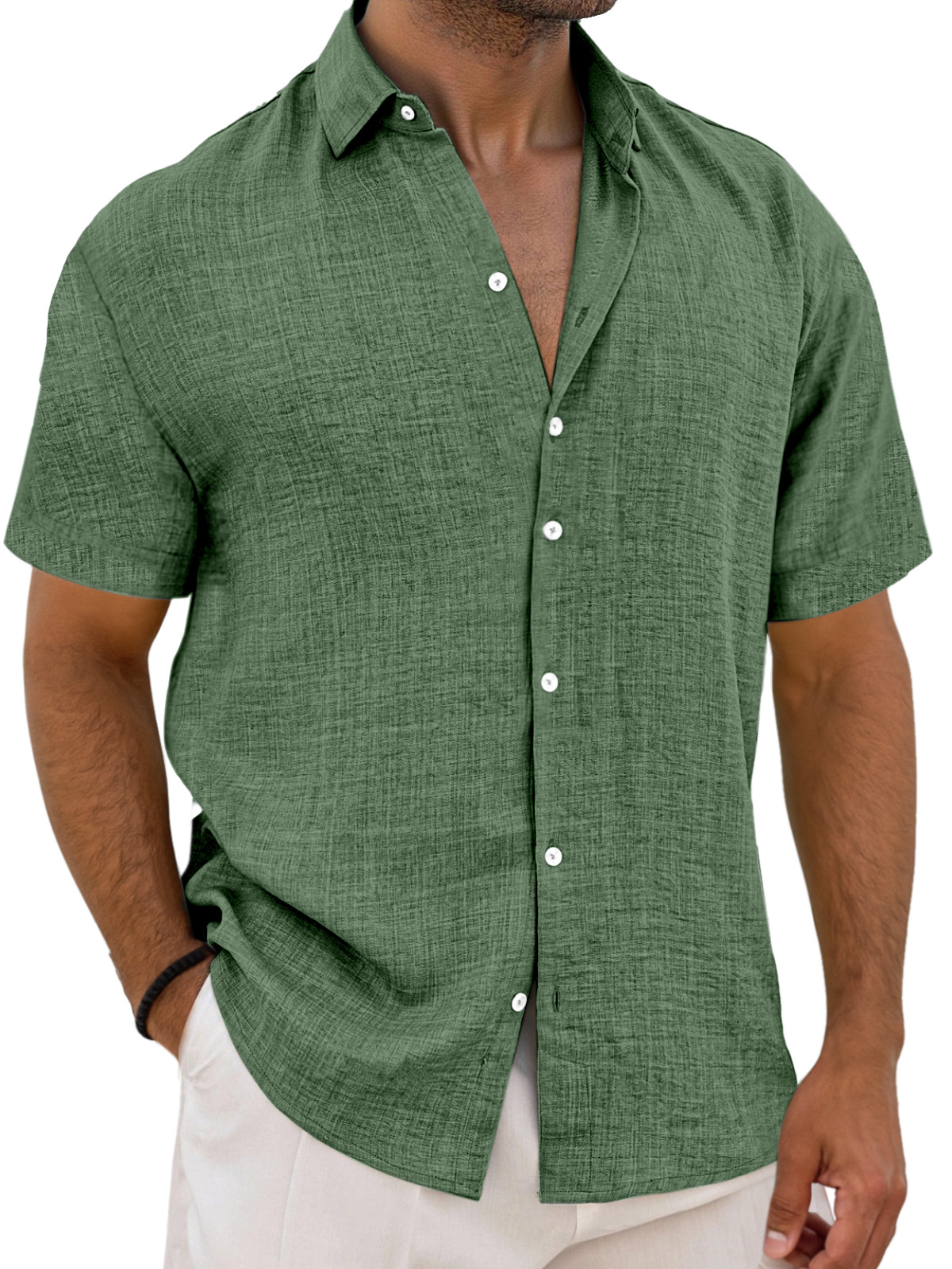 Men's Simple Solid Color Breathable Loose Lapel Short-sleeved Shirt