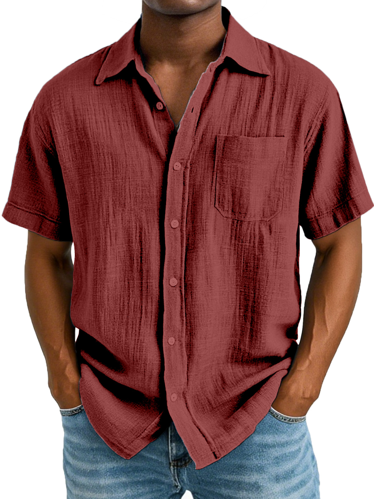 Men's Casual And Comfortable Solid Color Cotton And Linen Short-sleeved Lapel Shirt