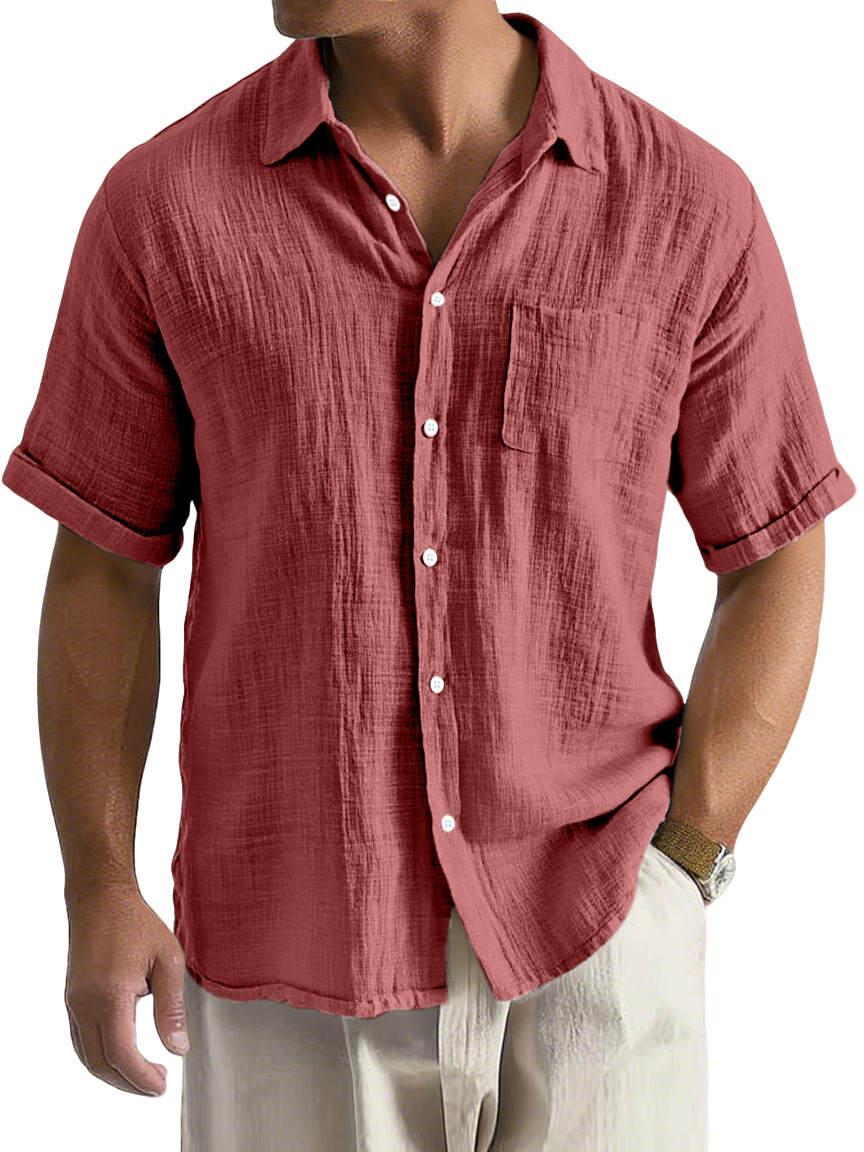 Men's Daily Casual Loose And Comfortable Imitation Linen Lapel Short-sleeved Button-down Shirt