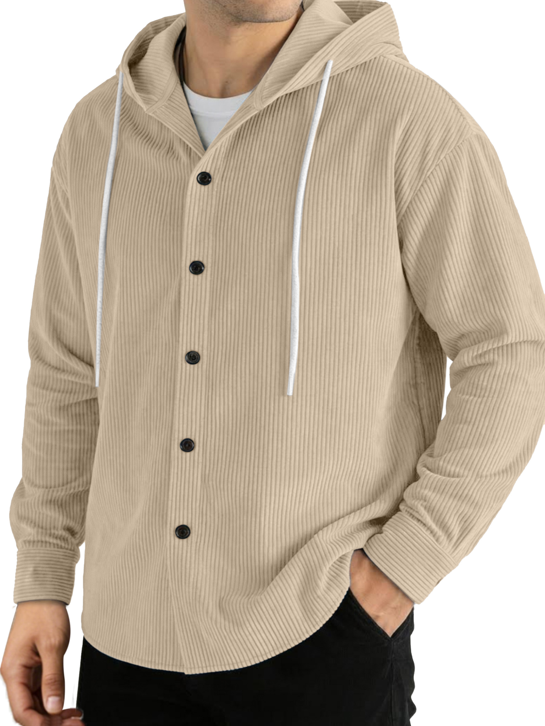 Casual Solid Color Vertical Ribbed Button-Up Hooded Long-Sleeve Shirt