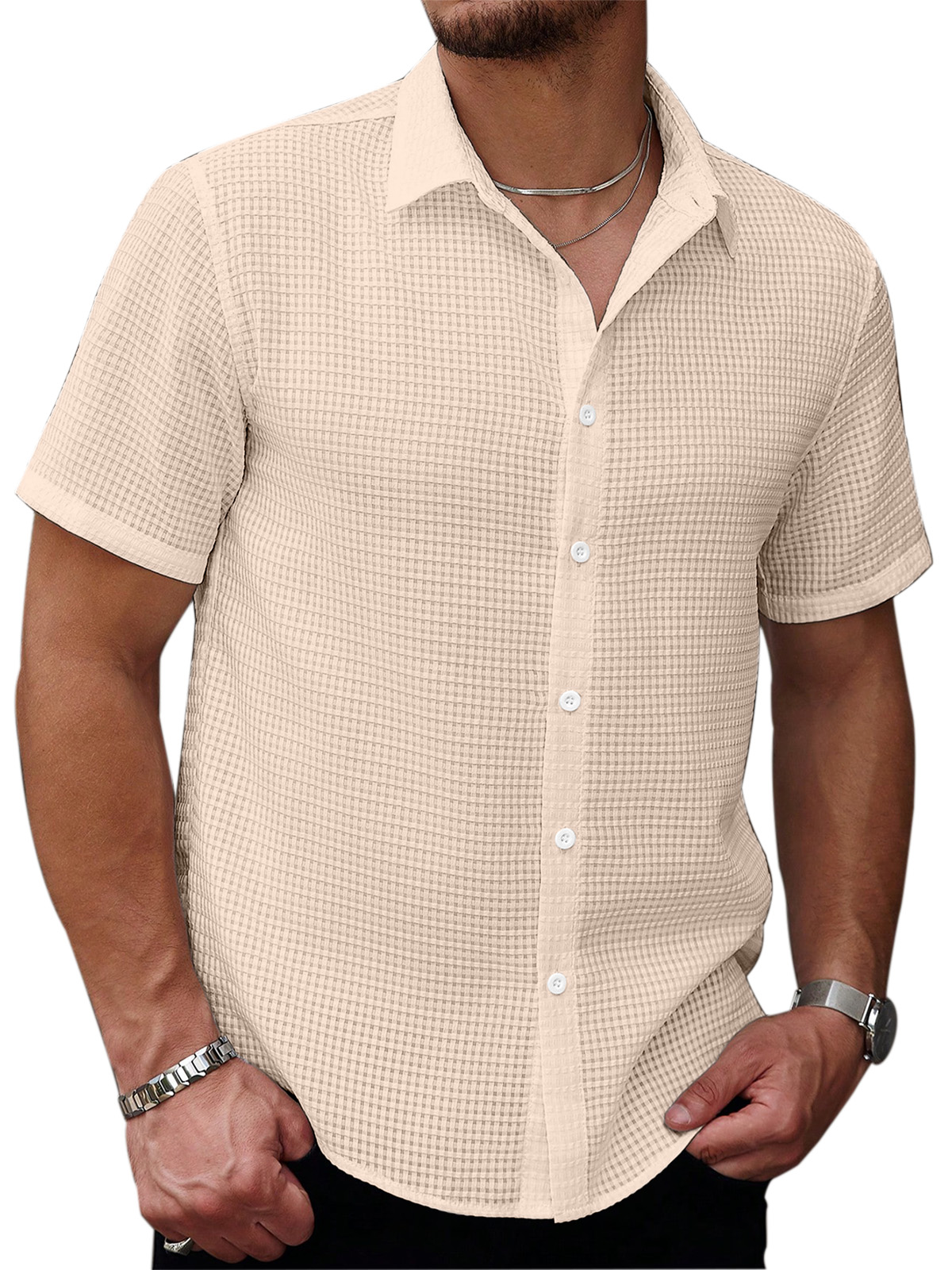 Men's Casual Summer Solid Color Waffle Texture Short-sleeved Button-down Shirt