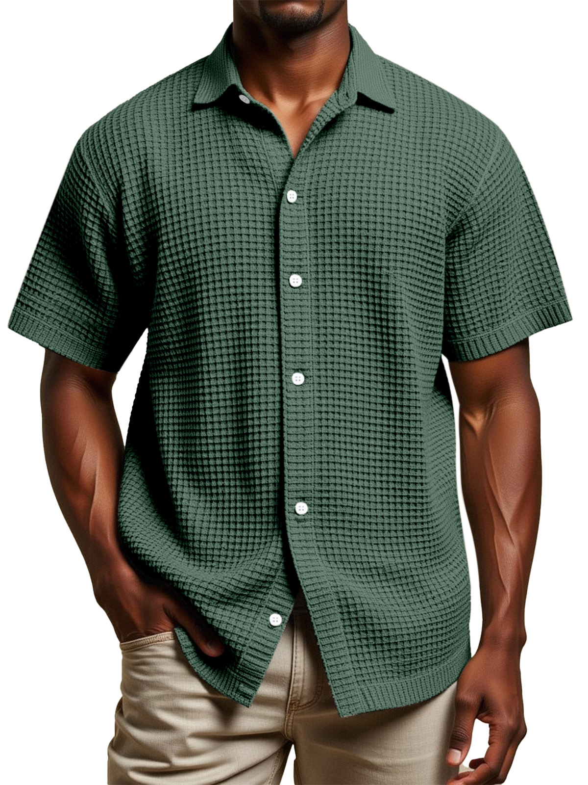 Men's Daily Simple Solid Color Waffle Texture Short-sleeved Lapel Button-down Shirt