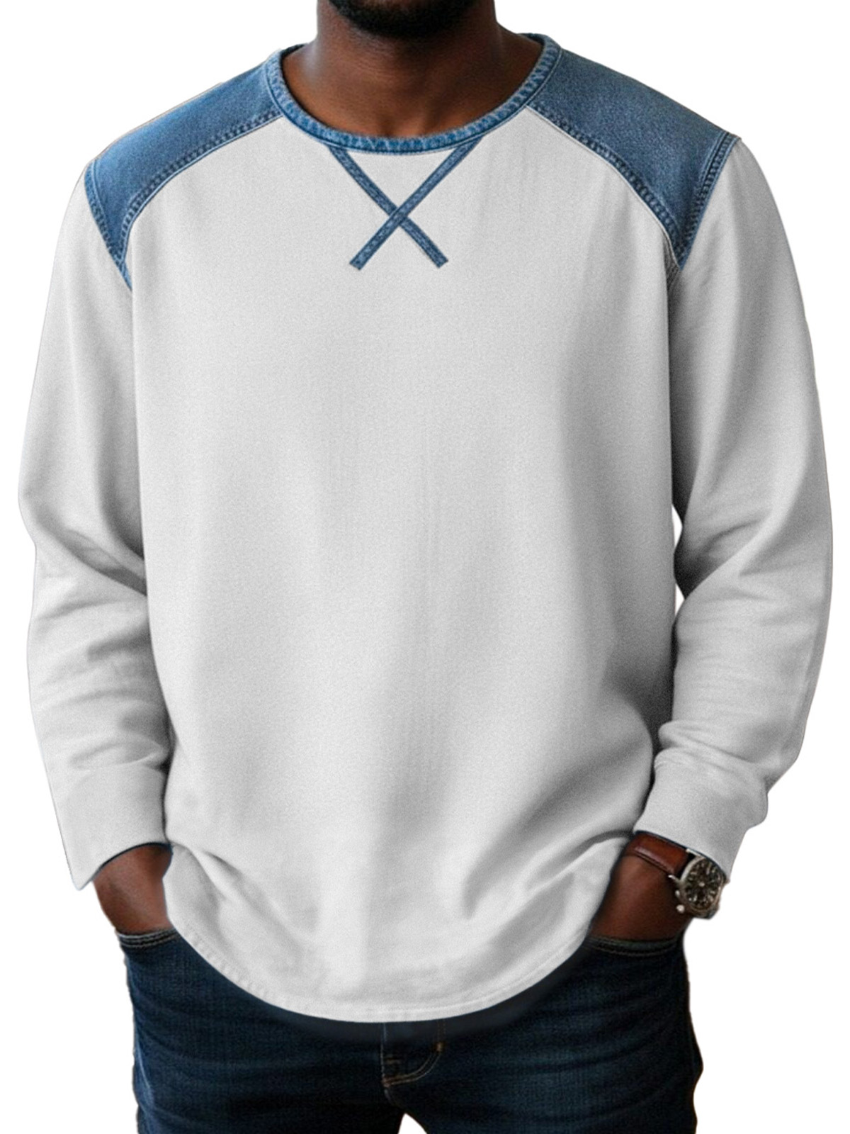 Basic Casual Inverted Triangle Design Spliced ​​round Neck Long-sleeved T-shirt