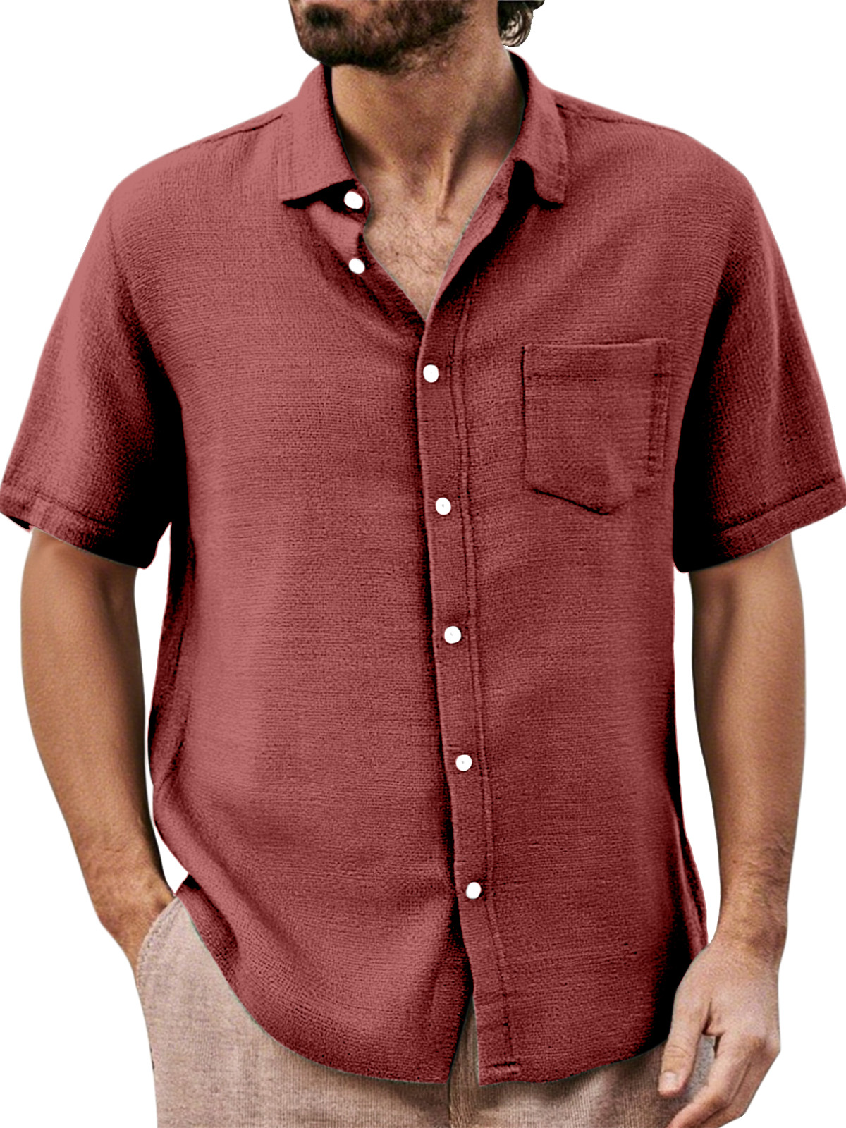 Men's Daily Casual Loose And Comfortable Solid Color Lapel Short-sleeved Button-down Shirt