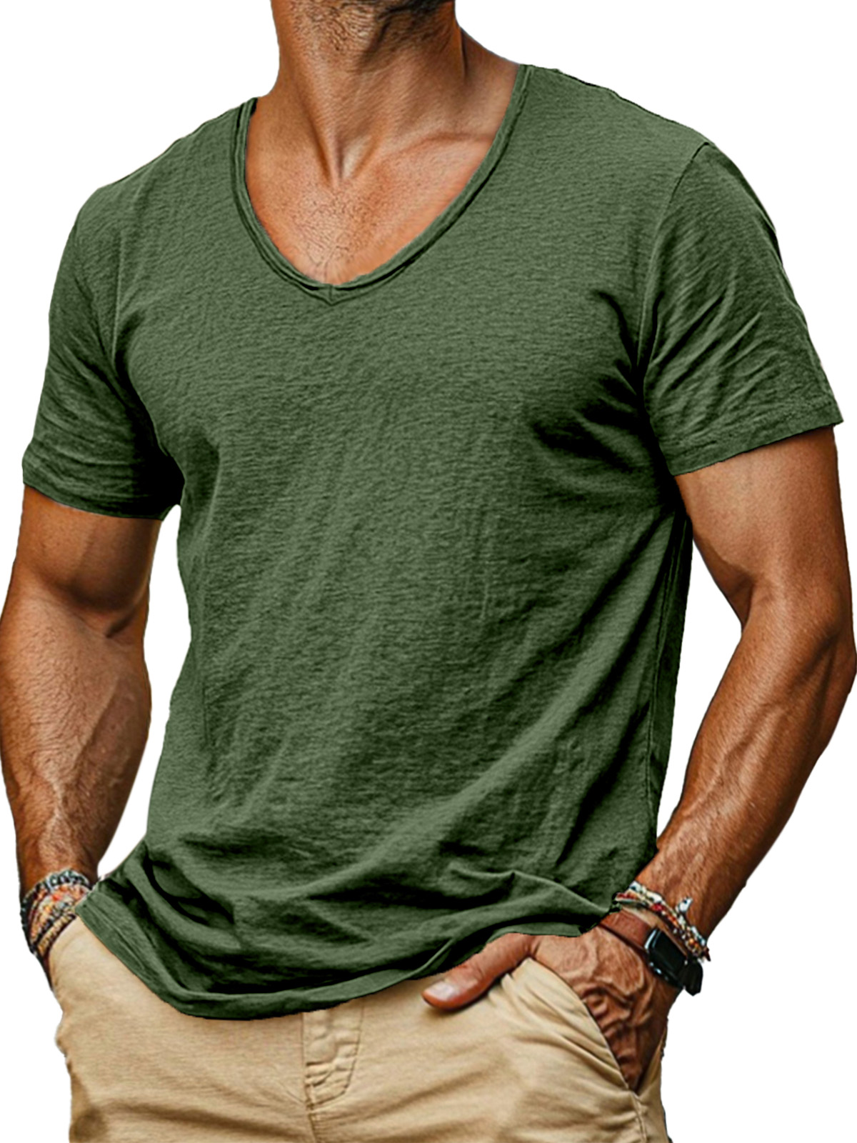 Men's simple and comfortable solid color v-neck short-sleeved T-shirt