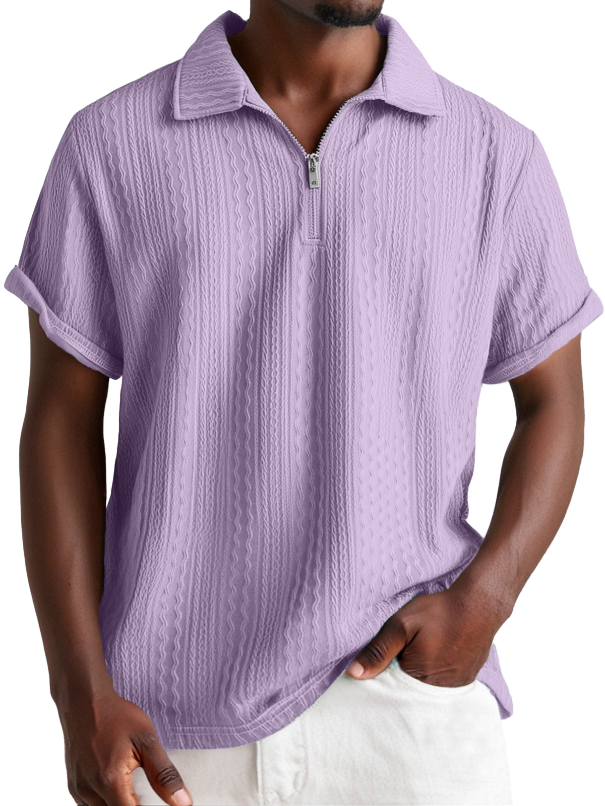 Men's Everyday Design Textured Short-sleeved Lapel Zipper Polo Shirt