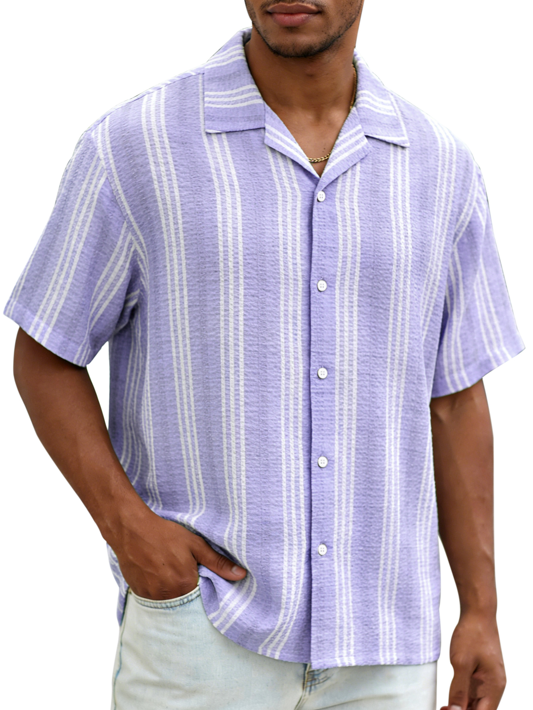 Daily casual resort style vertical striped breathable loose short-sleeved shirt