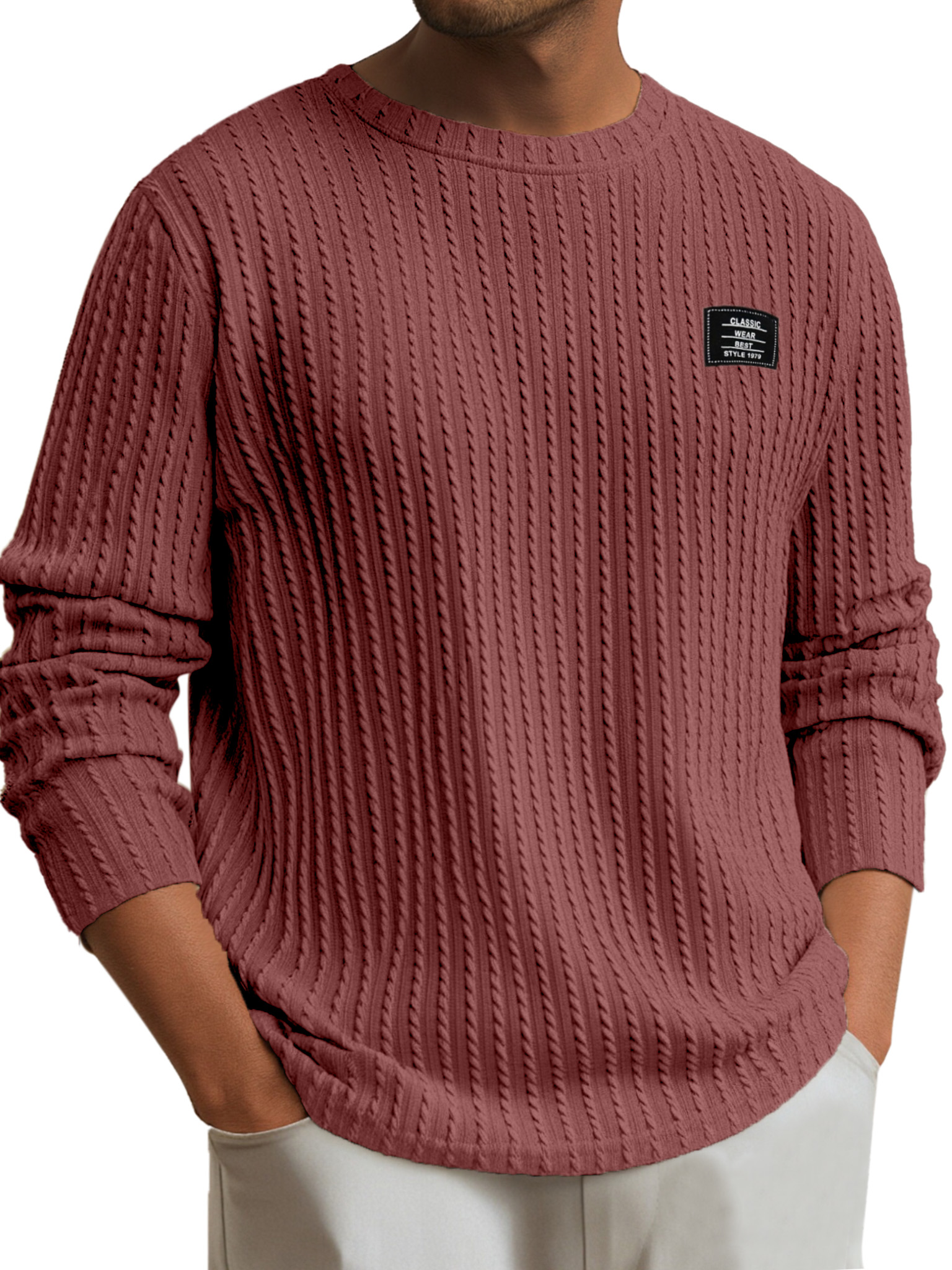 Men's Simple Daily Solid Color Logo Round Neck Long-sleeved T-shirt