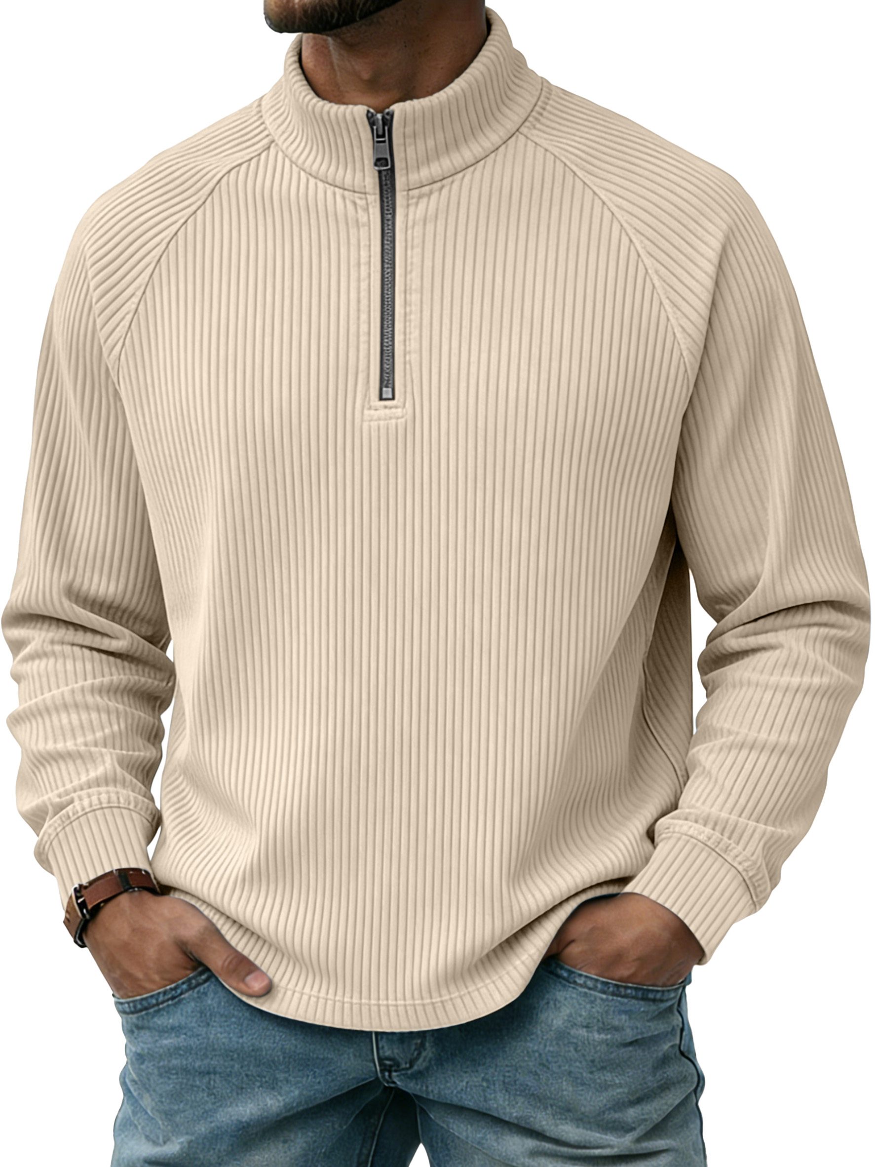 Men's Casual Simple Vertical Stripe Zip-up Stand-collar Raglan Sleeve Polo Shirt
