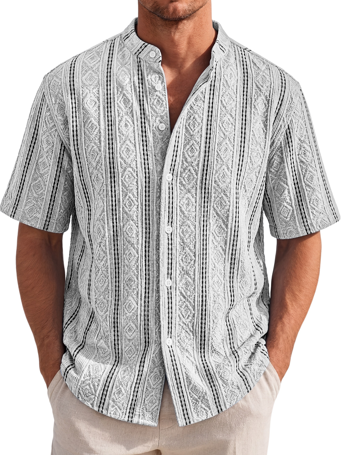 Men's Short-Sleeve Casual Shirt with Stand Collar and Textured Jacquard Finish
