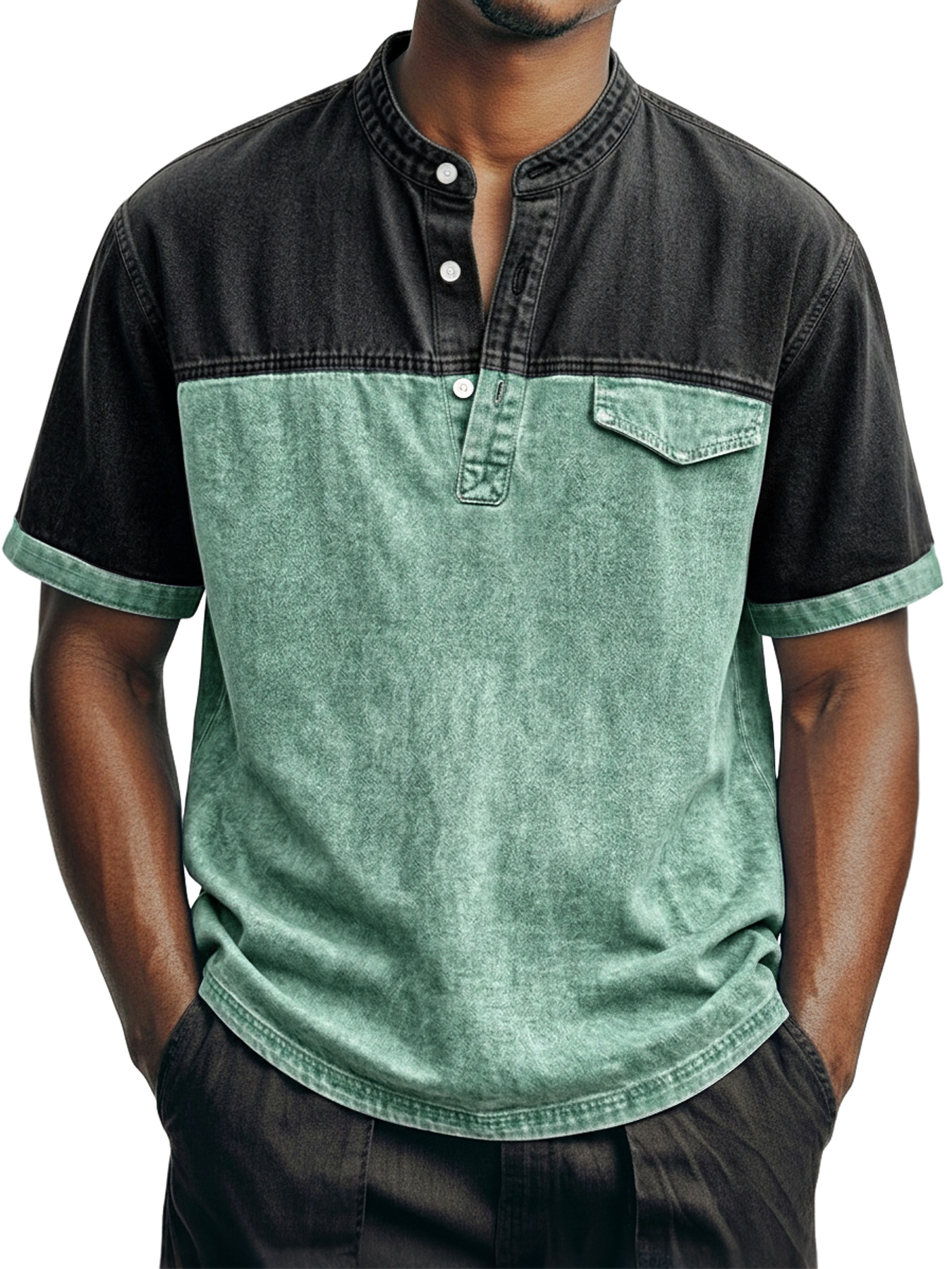 Men's Retro Color Block Casual Stand Collar Button-Down Short Sleeve Henley Shirt