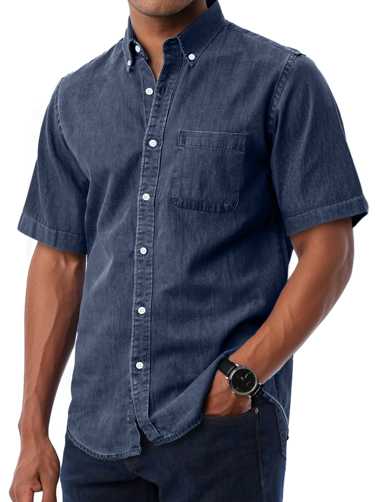 Men's Daily Casual Lapel Pocket Solid Color Comfortable Short Sleeve Shirt