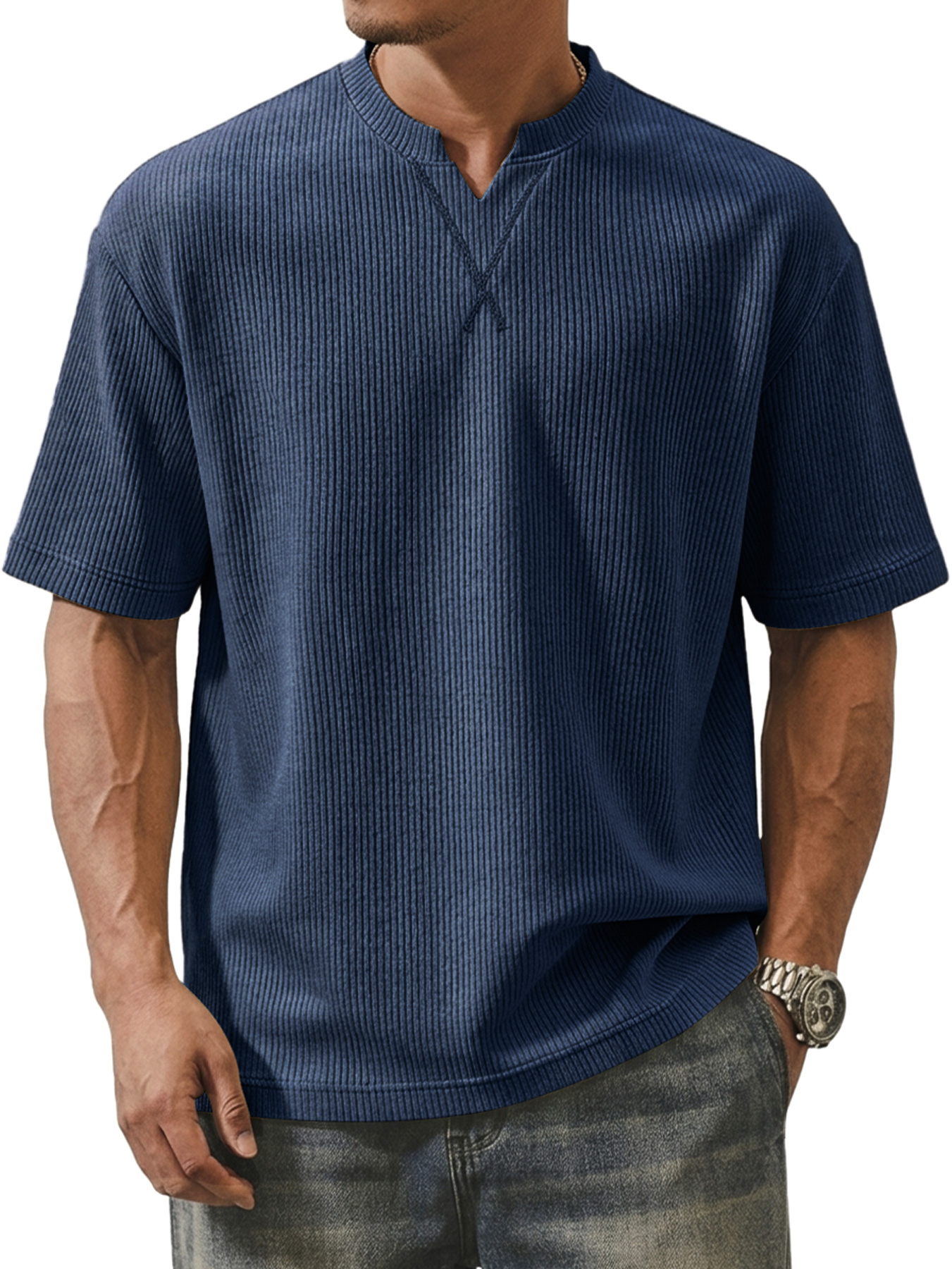 Men's Ribbed V-neck Crossover Design Casual Short-sleeve T-shirt
