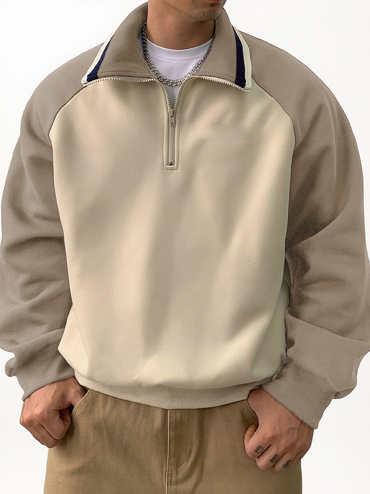 Men's Stylish Retro Patchwork Zippered Loose-fitting Long-sleeved Sweatshirt