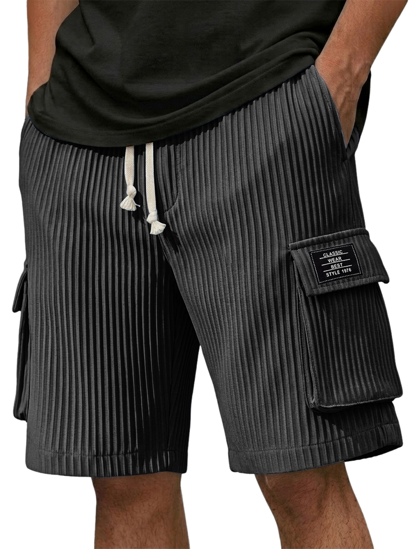 Men's Textured Multi-Pocket Casual Utility Shorts with Embroidered Logo
