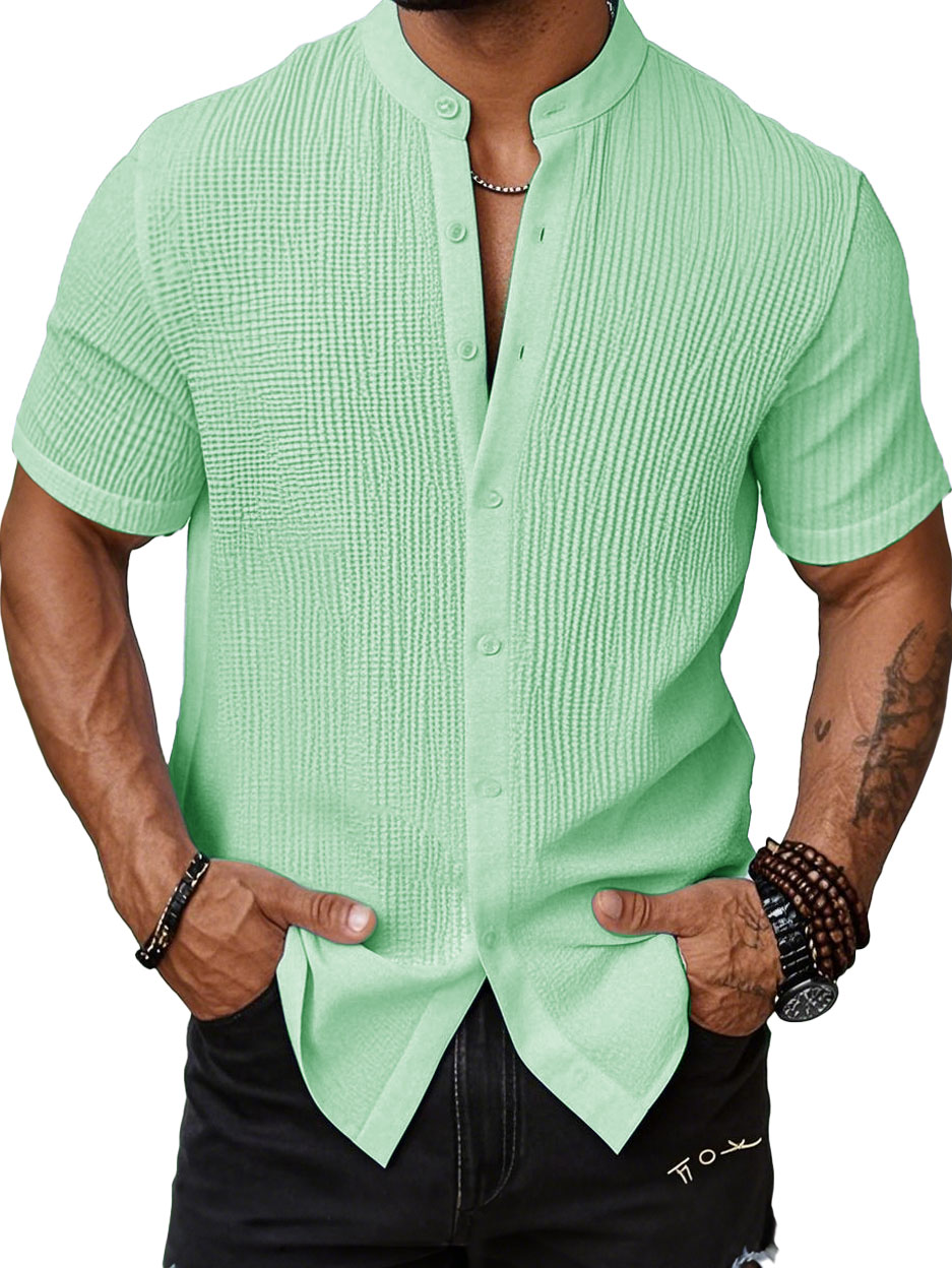 Men's Fashion Casual Bubble Wrinkle Fabric Stand-up Collar Short-sleeved Shirt