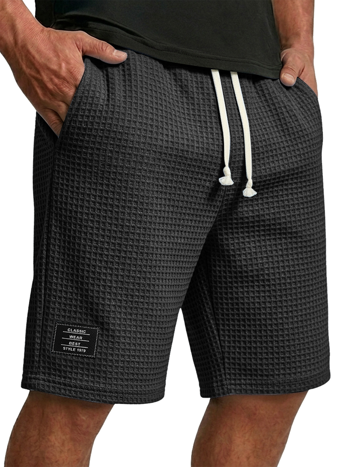 Men's Waffle Embroidered Logo Casual Loose Shorts