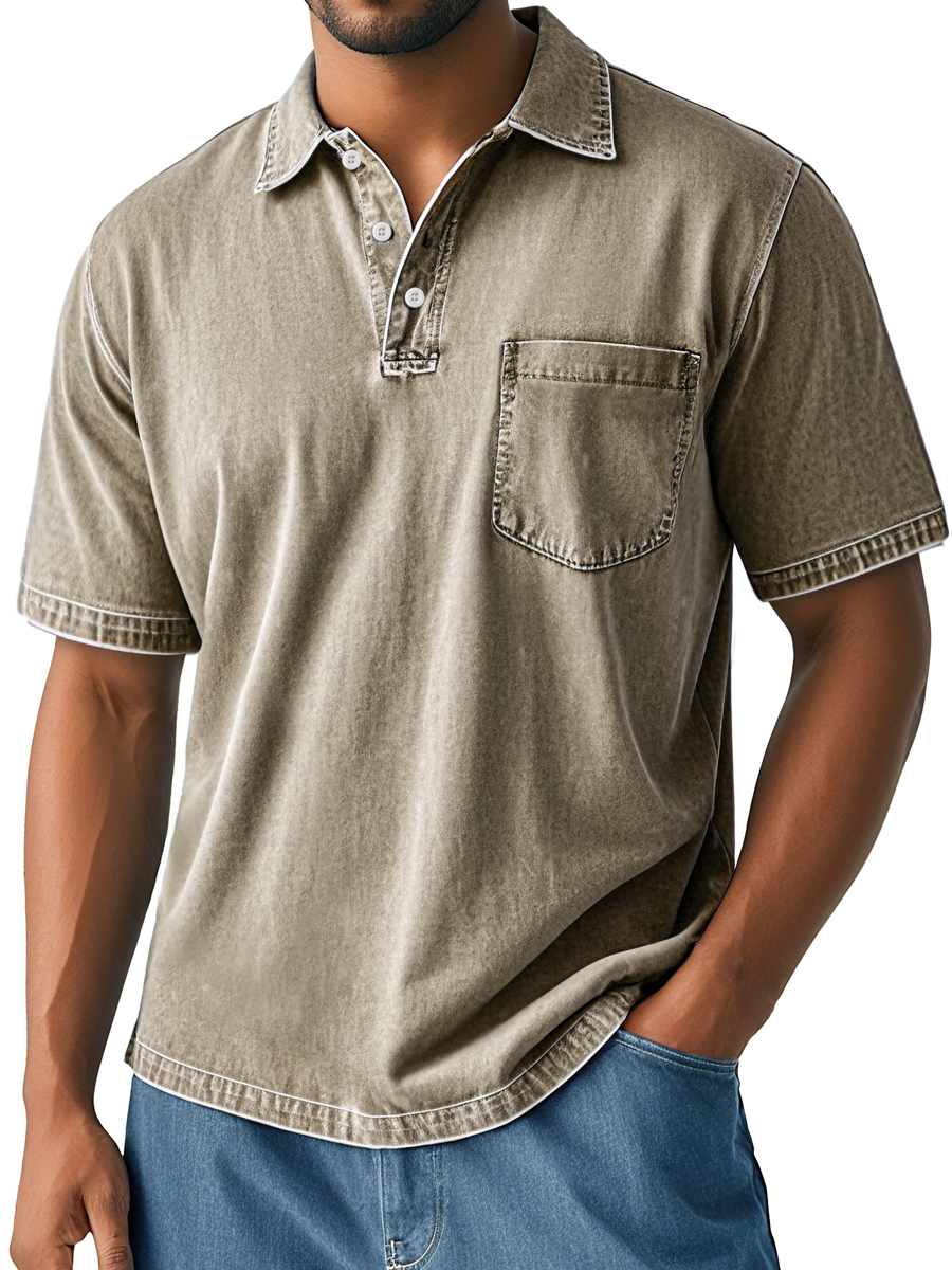 Men's Retro Washed Casual Lapel Pocket Comfortable Short Sleeve Polo Shirt