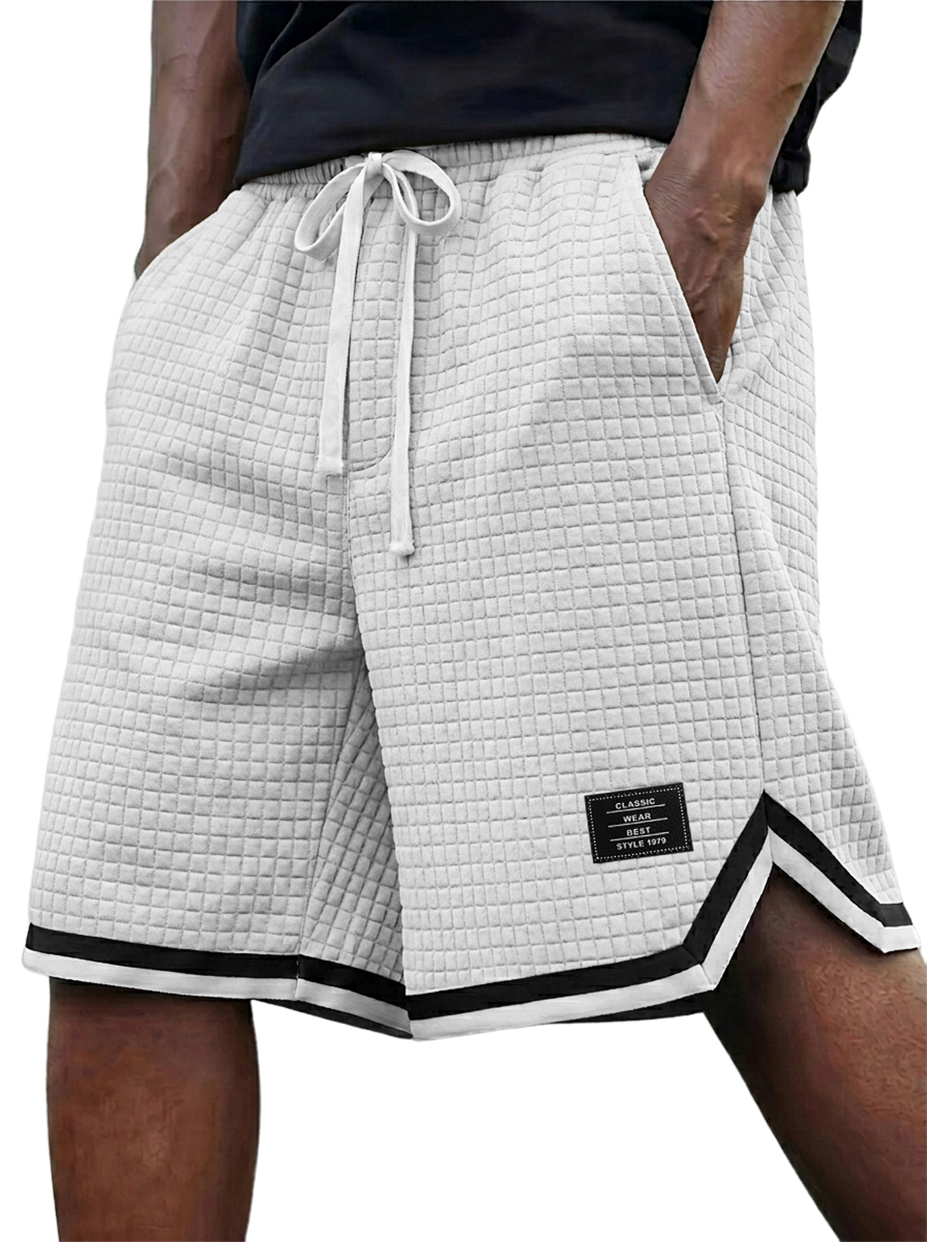 Men's Waffle Weave Ribbon Embroidered Logo Casual Shorts