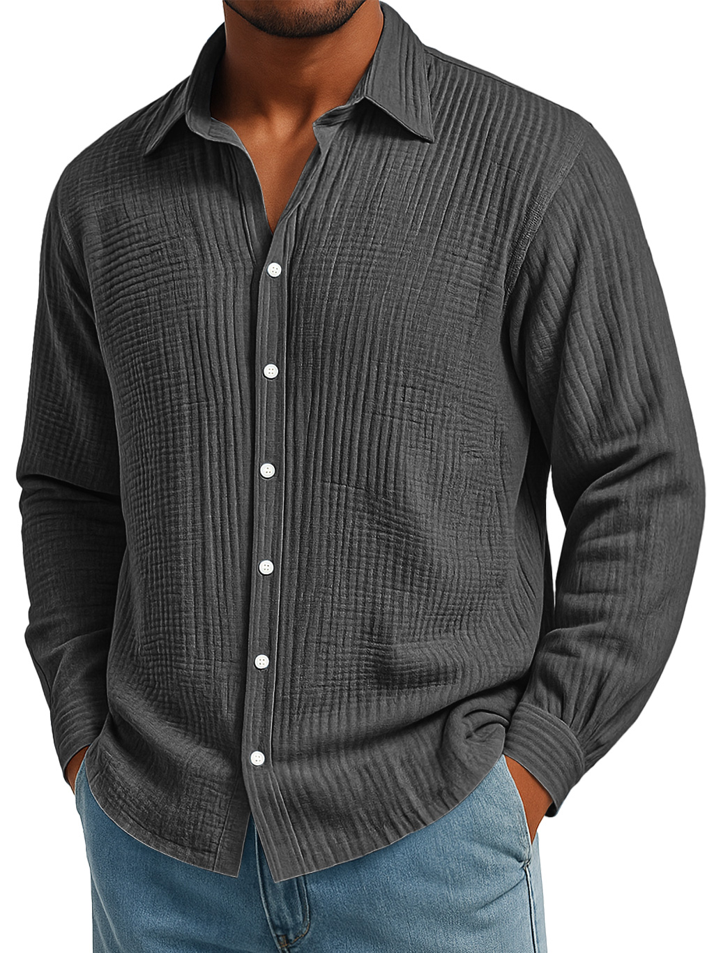 Men's Daily Pleated Texture Loose Casual Solid Color Long-sleeved Shirt