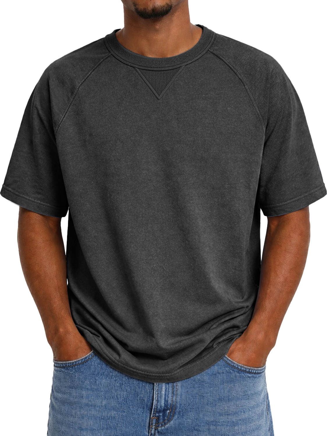 Men's Crew Neck Raglan Short-sleeved T-shirt With Inverted Triangle Design