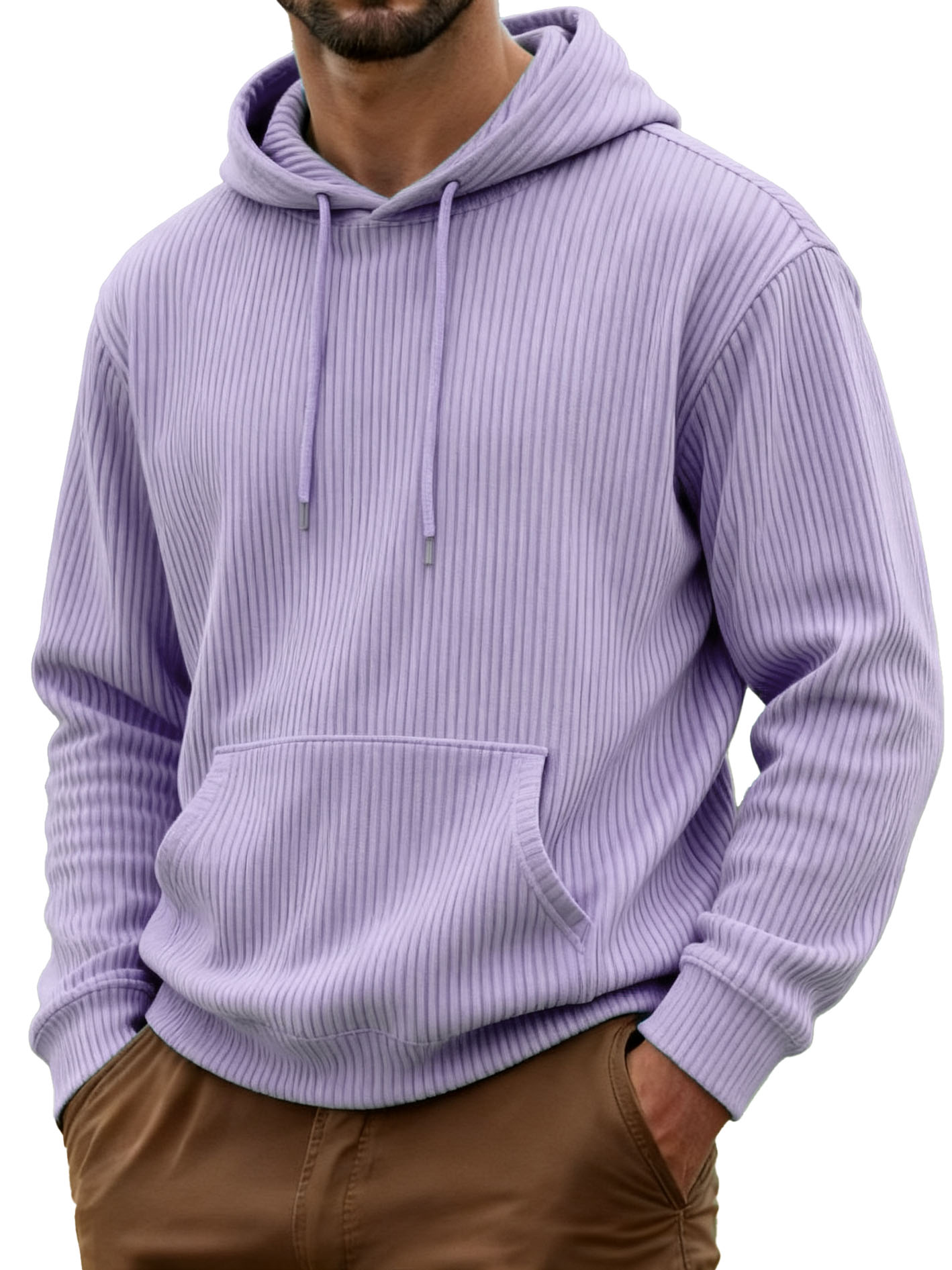 Men's Fashionable Casual Ribbed Fabric Long-sleeved Pocket Hoodie